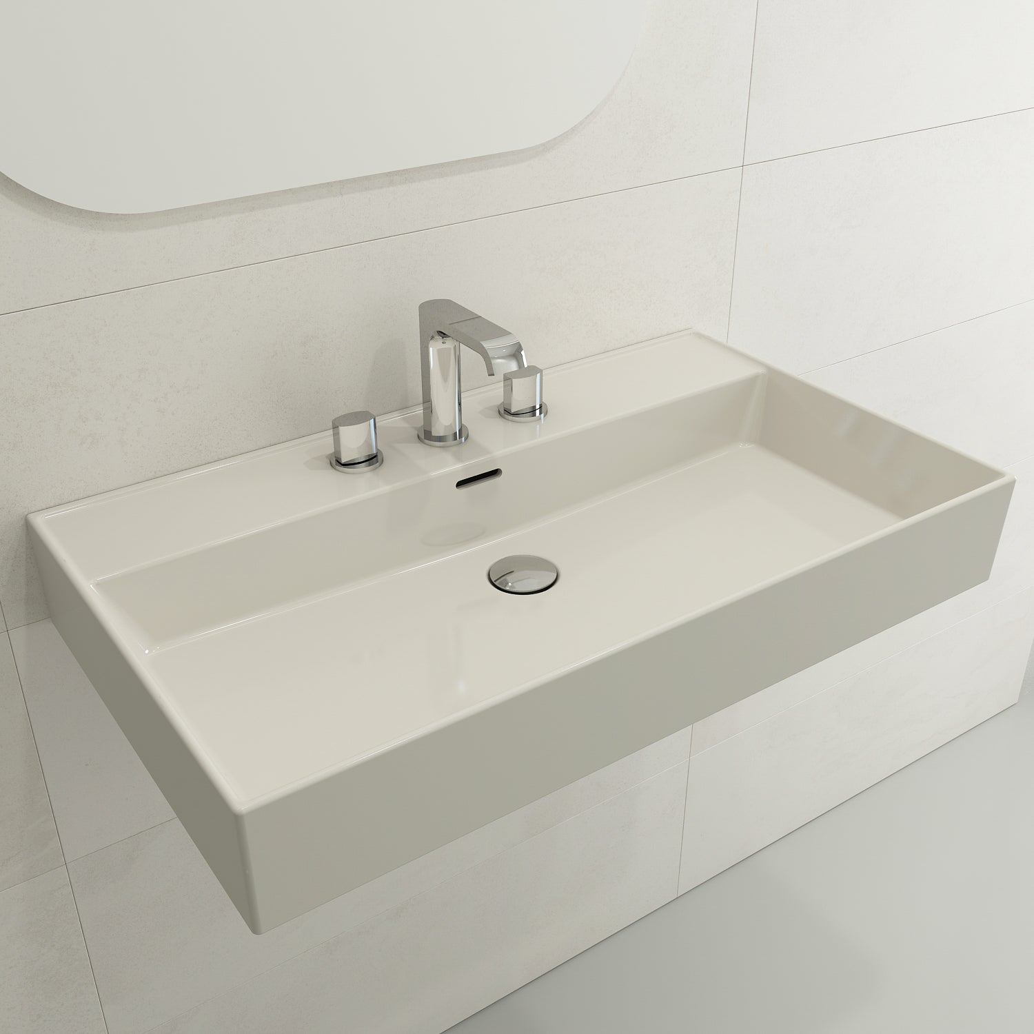 BOCCHI Milano 32" Rectangle Wallmount Fireclay Bathroom Sink, Biscuit, 3 Faucet Hole, 1377-014-0127
