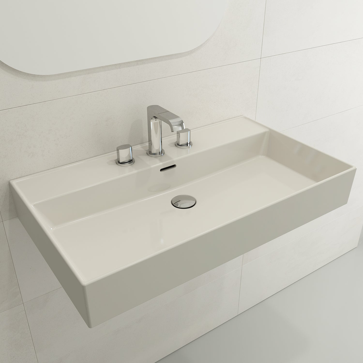 BOCCHI Milano 32" Rectangle Wallmount Fireclay Bathroom Sink, Biscuit, 3 Faucet Hole, 1377-014-0127