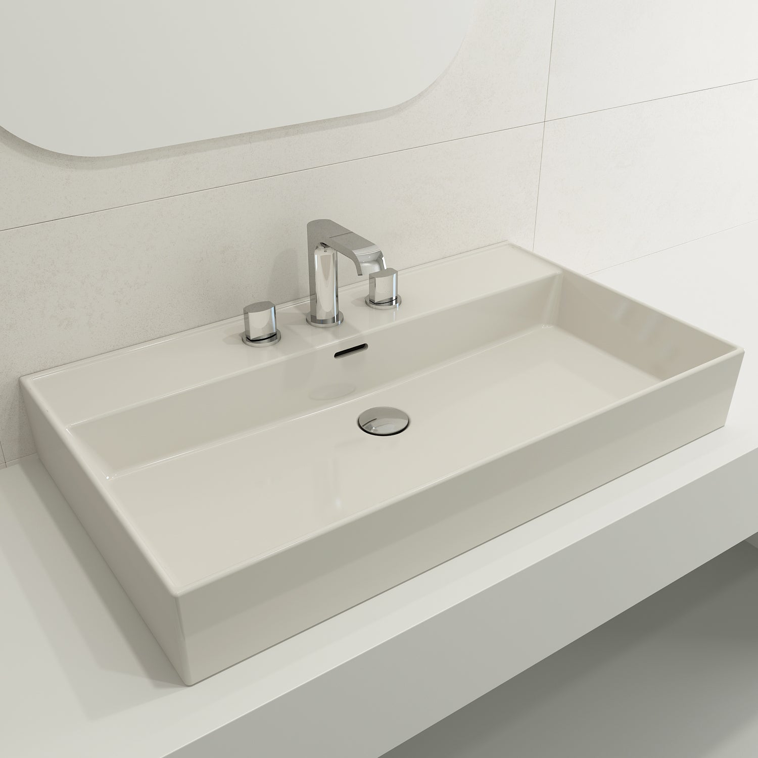 BOCCHI Milano 32" Rectangle Wallmount Fireclay Bathroom Sink, Biscuit, 3 Faucet Hole, 1377-014-0127