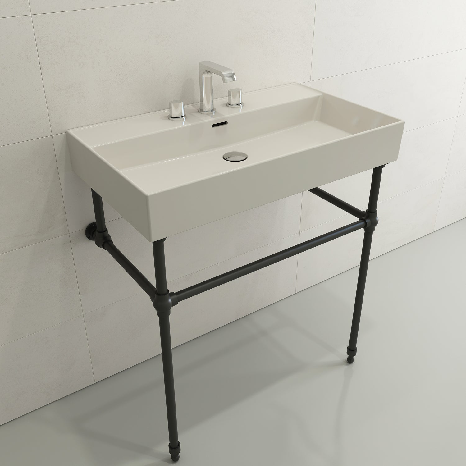 BOCCHI Milano 32" Rectangle Wallmount Fireclay Bathroom Sink, Biscuit, 3 Faucet Hole, 1377-014-0127