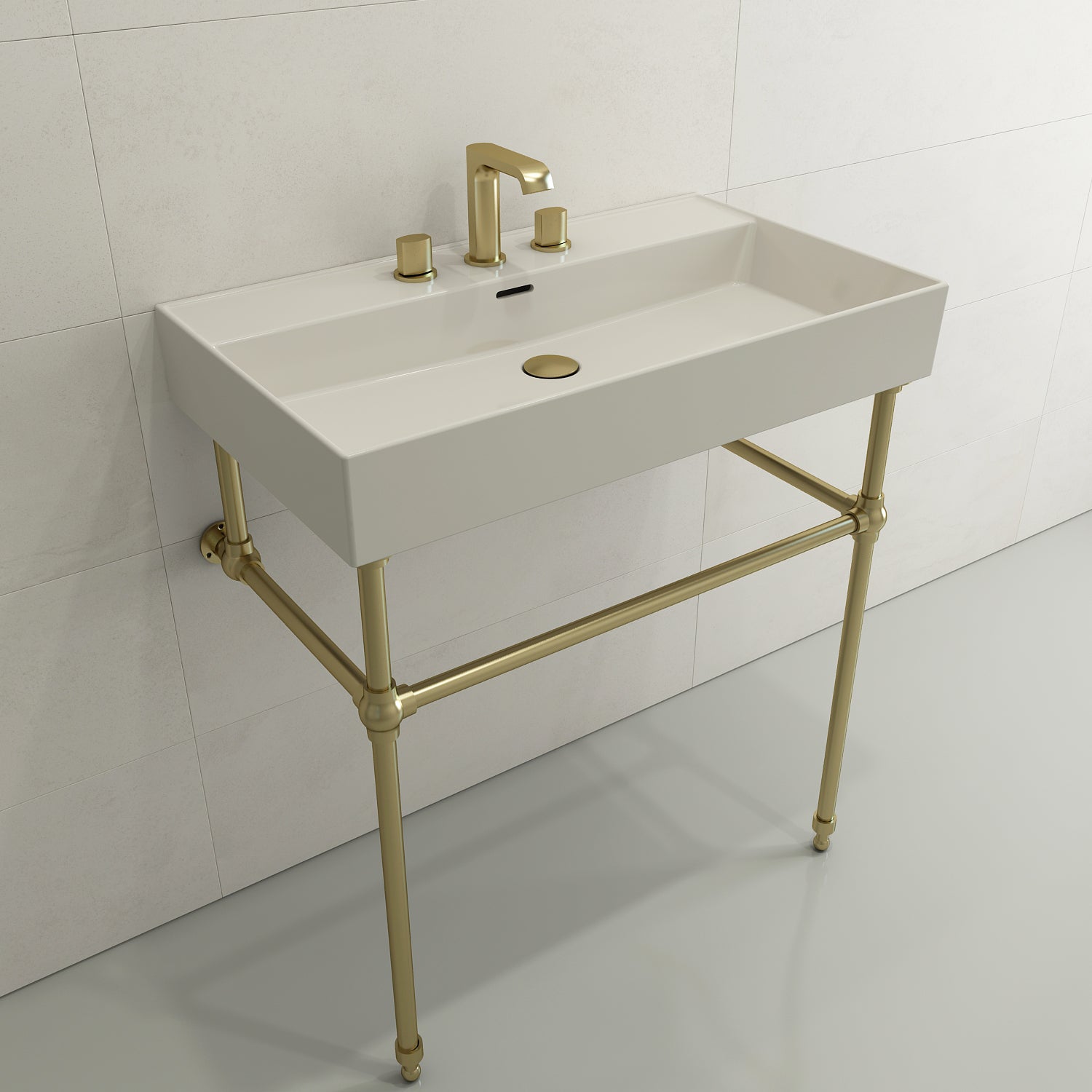 BOCCHI Milano 32" Rectangle Wallmount Fireclay Bathroom Sink, Biscuit, 3 Faucet Hole, 1377-014-0127