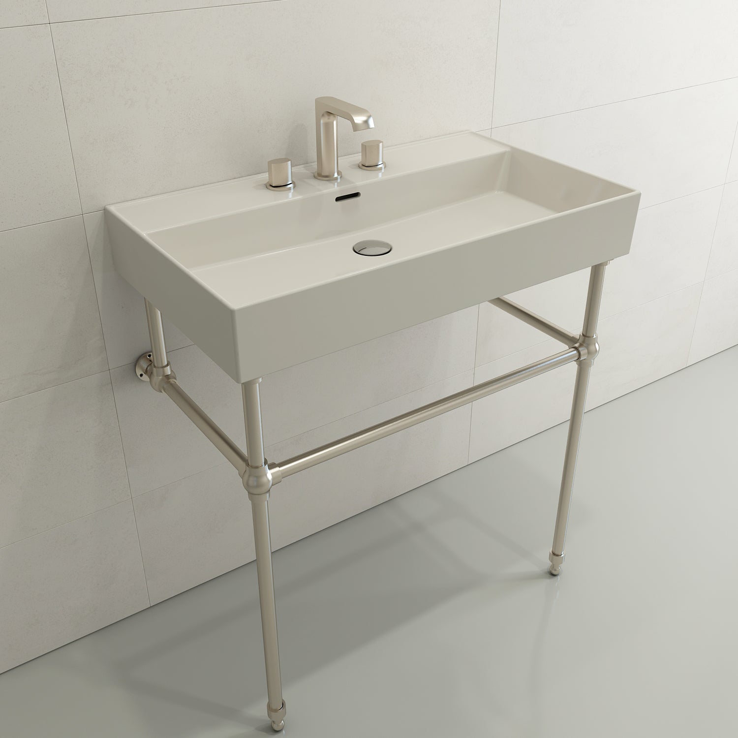 BOCCHI Milano 32" Rectangle Wallmount Fireclay Bathroom Sink, Biscuit, 3 Faucet Hole, 1377-014-0127