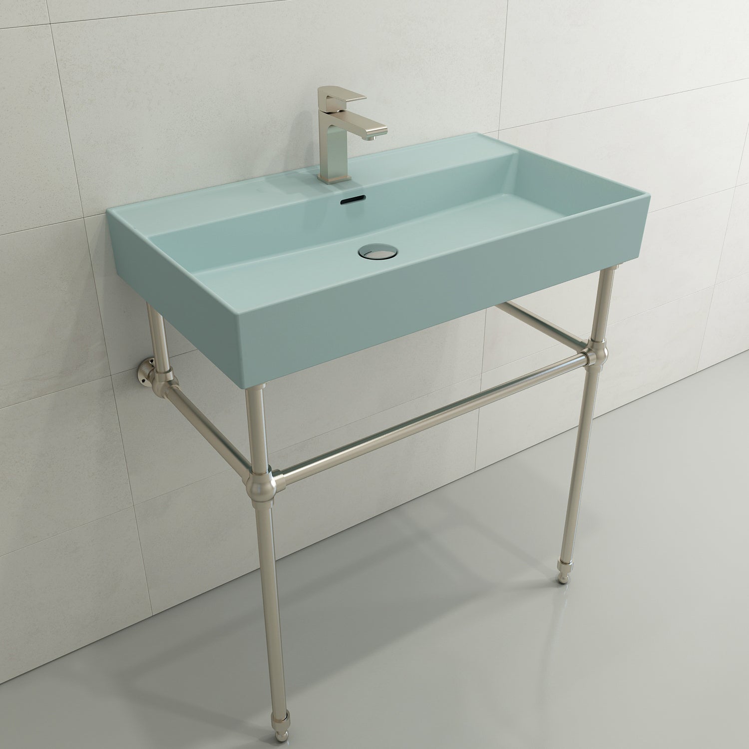 BOCCHI Milano 32" Rectangle Wallmount Fireclay Bathroom Sink, Matte Ice Blue, Single Faucet Hole, 1377-029-0126