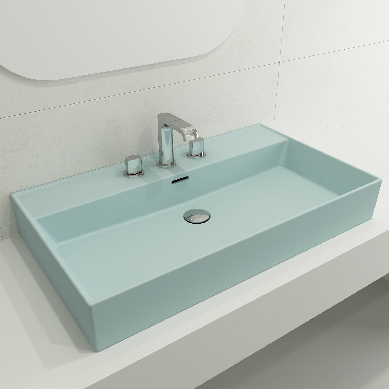 BOCCHI Milano 32" Rectangle Wallmount Fireclay Bathroom Sink, Matte Ice Blue, 3 Faucet Hole, 1377-029-0127