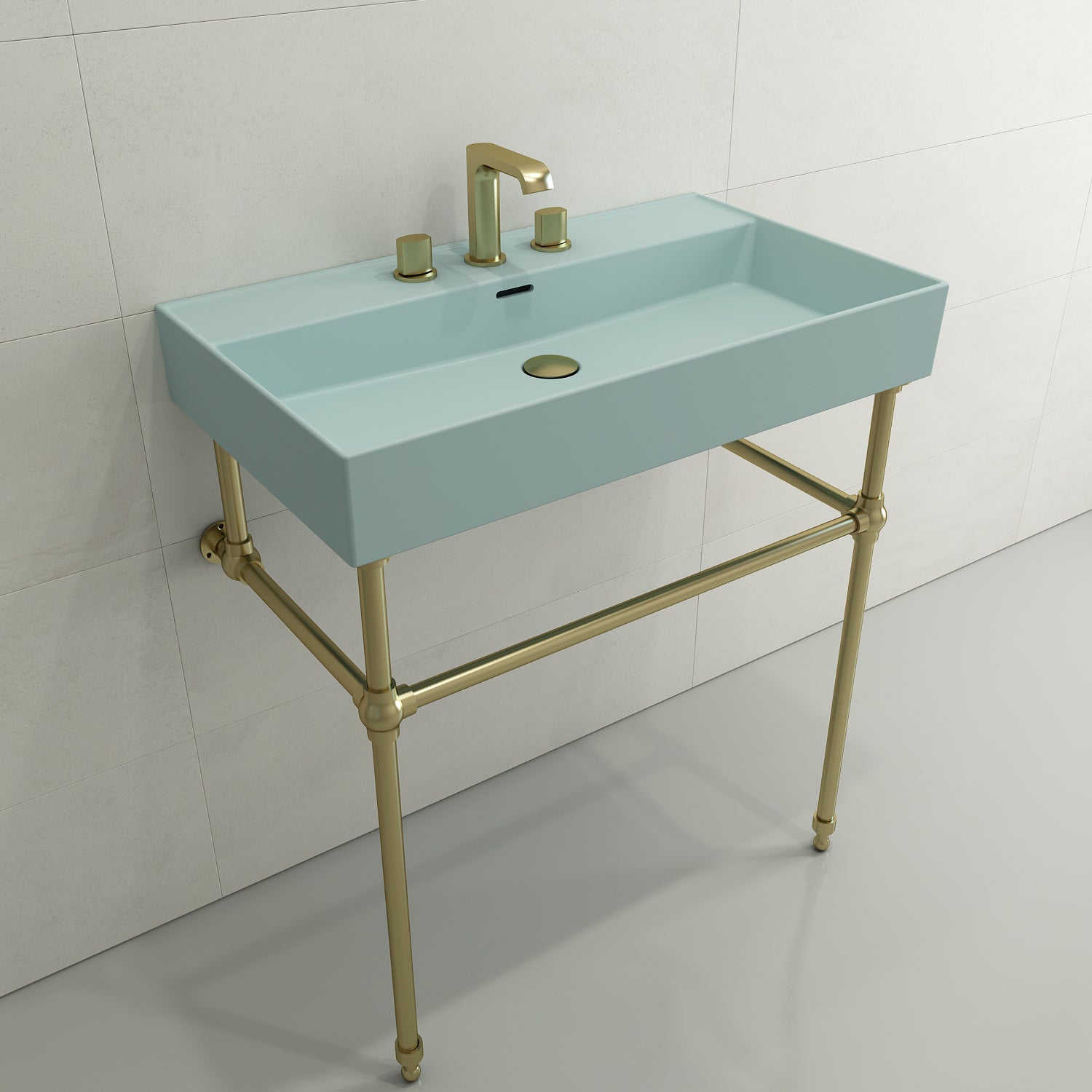 BOCCHI Milano 32" Rectangle Wallmount Fireclay Bathroom Sink, Matte Ice Blue, 3 Faucet Hole, 1377-029-0127