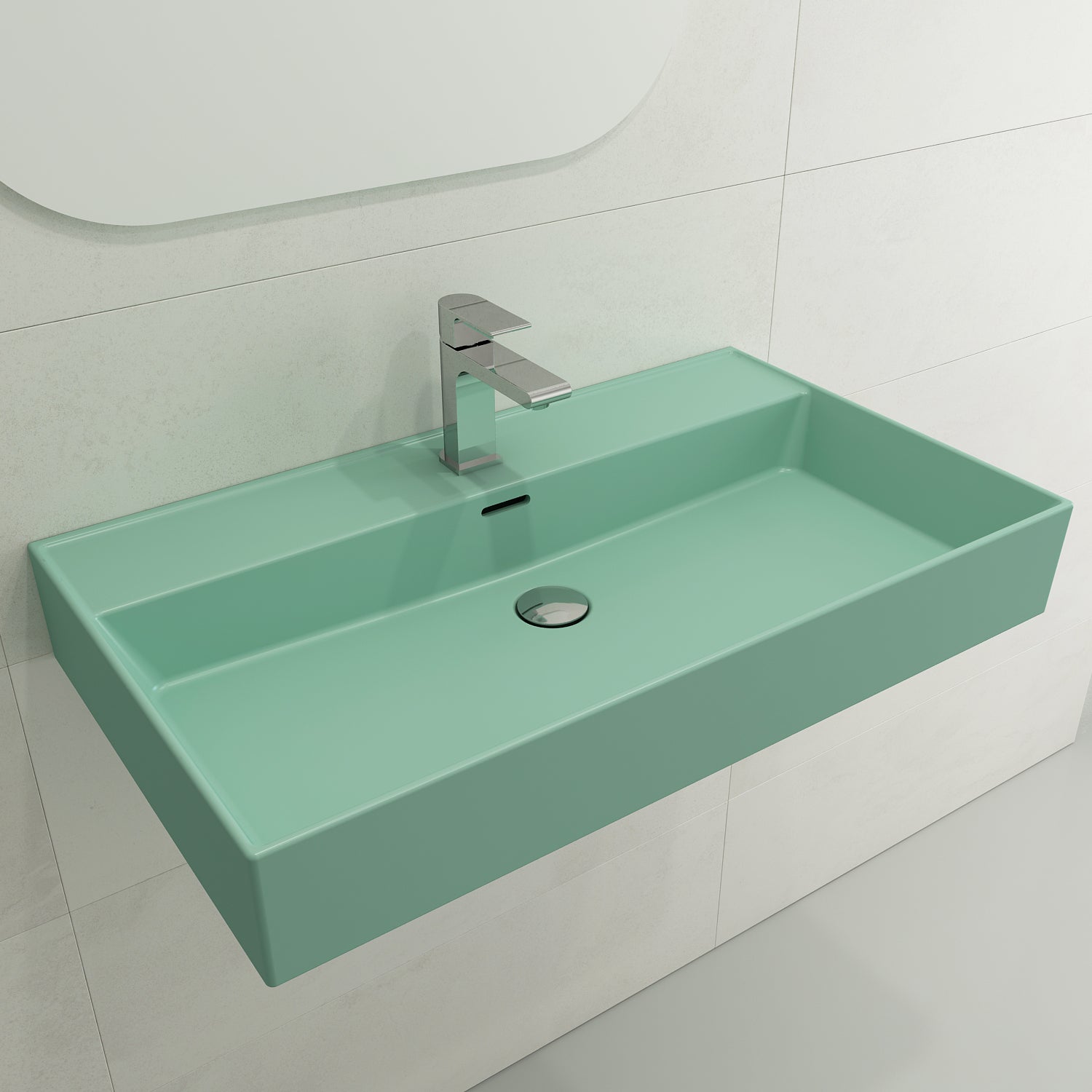 BOCCHI Milano 32" Rectangle Wallmount Fireclay Bathroom Sink, Matte Mint Green, Single Faucet Hole, 1377-033-0126