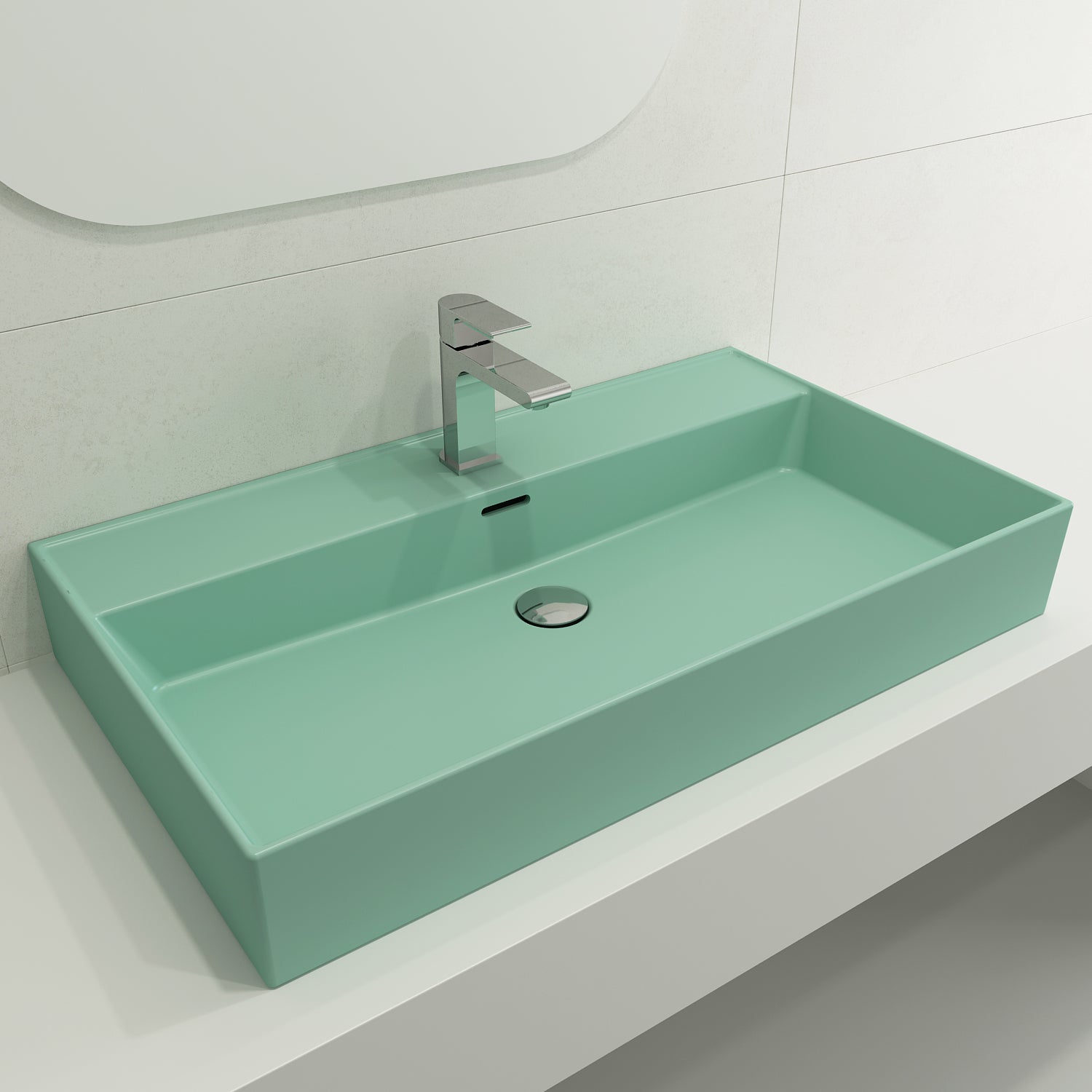 BOCCHI Milano 32" Rectangle Wallmount Fireclay Bathroom Sink, Matte Mint Green, Single Faucet Hole, 1377-033-0126