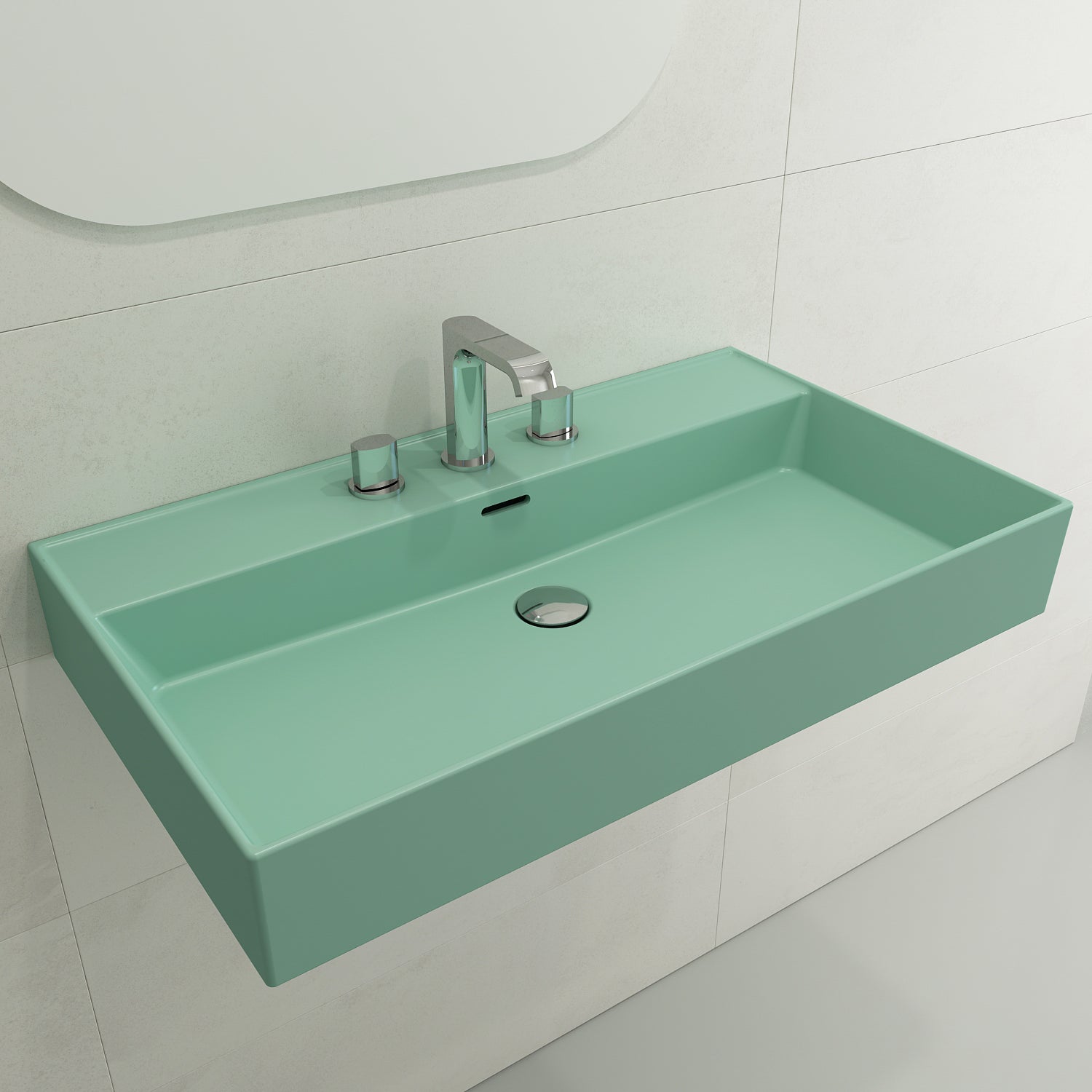 BOCCHI Milano 32" Rectangle Wallmount Fireclay Bathroom Sink, Matte Mint Green, 3 Faucet Hole, 1377-033-0127