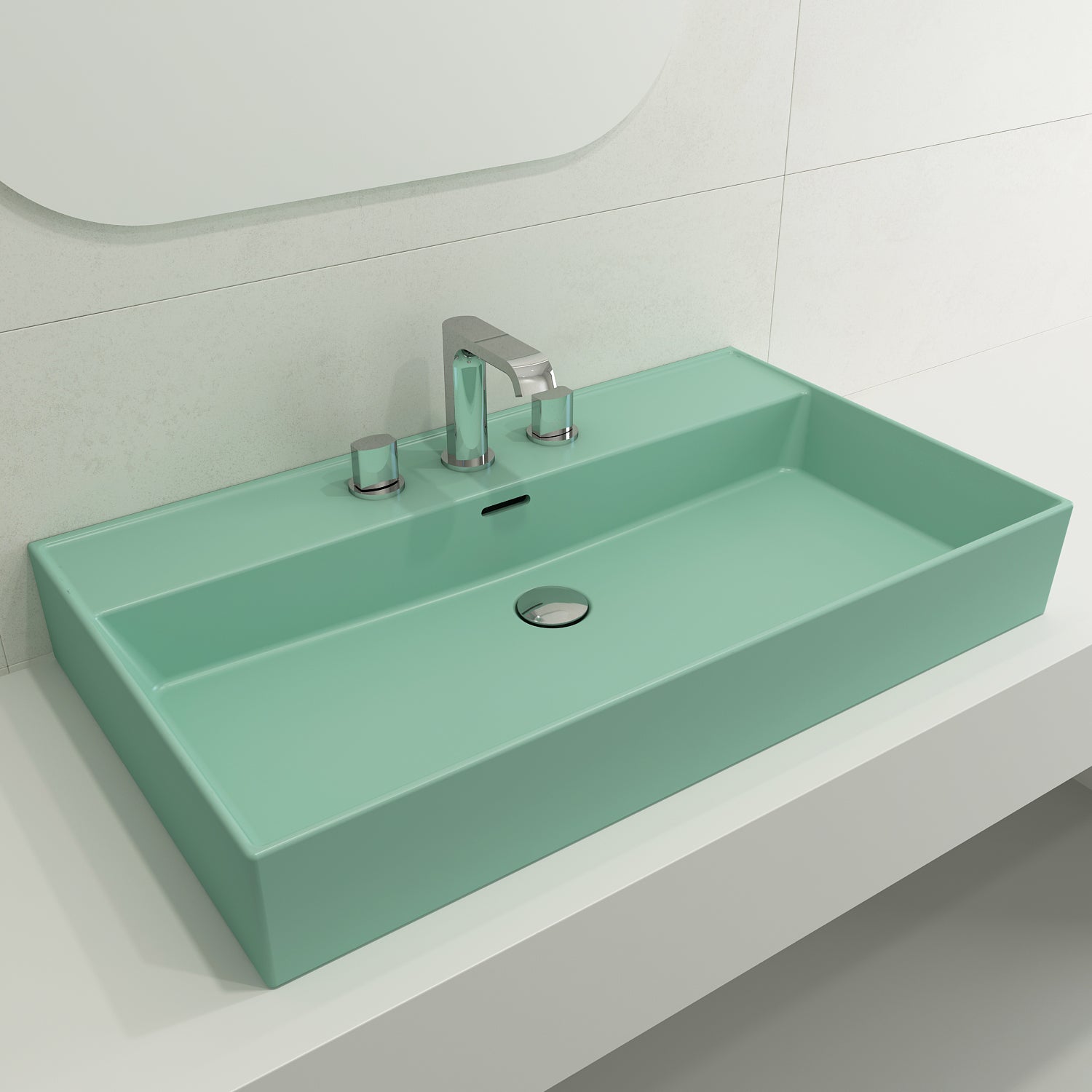 BOCCHI Milano 32" Rectangle Wallmount Fireclay Bathroom Sink, Matte Mint Green, 3 Faucet Hole, 1377-033-0127
