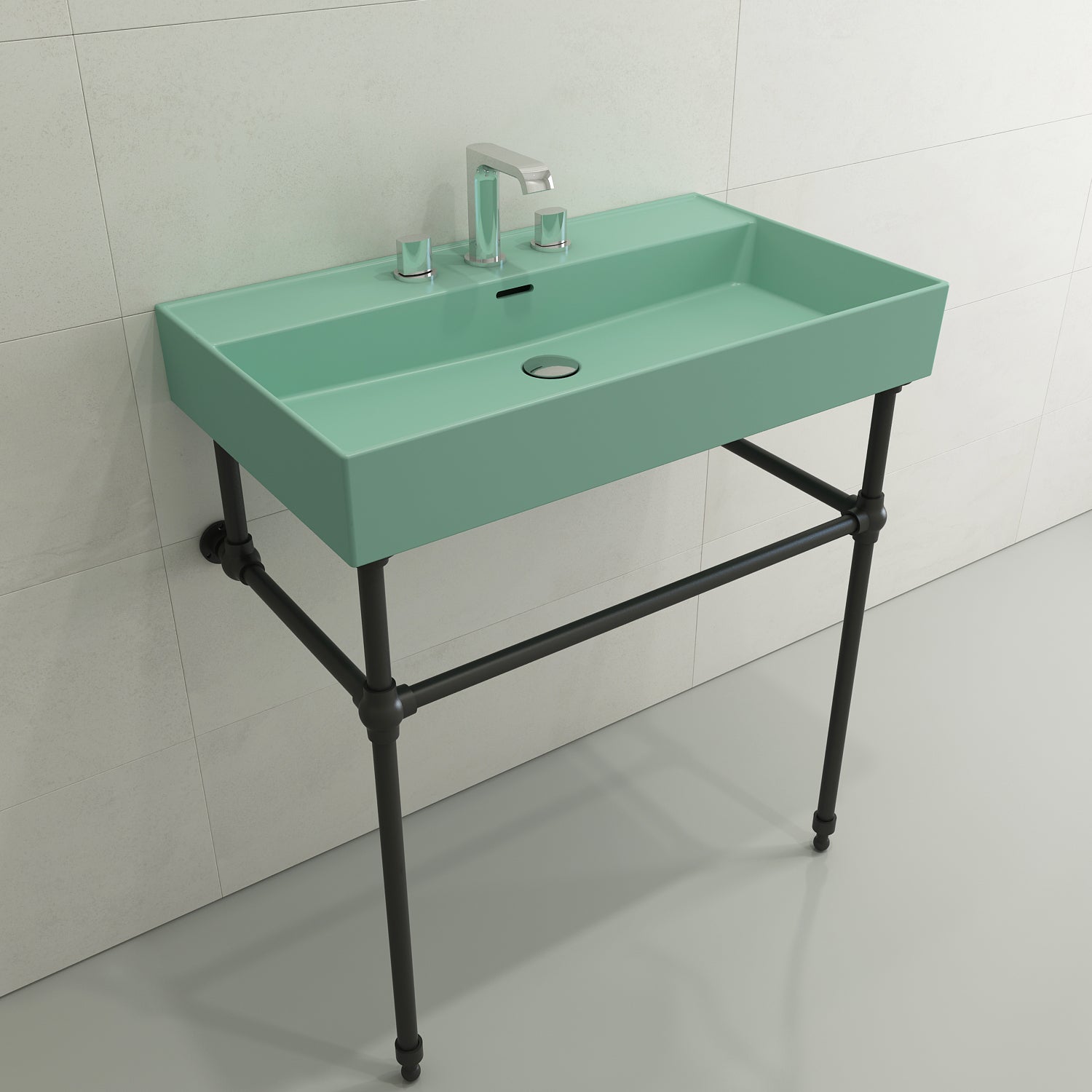 BOCCHI Milano 32" Rectangle Wallmount Fireclay Bathroom Sink, Matte Mint Green, 3 Faucet Hole, 1377-033-0127