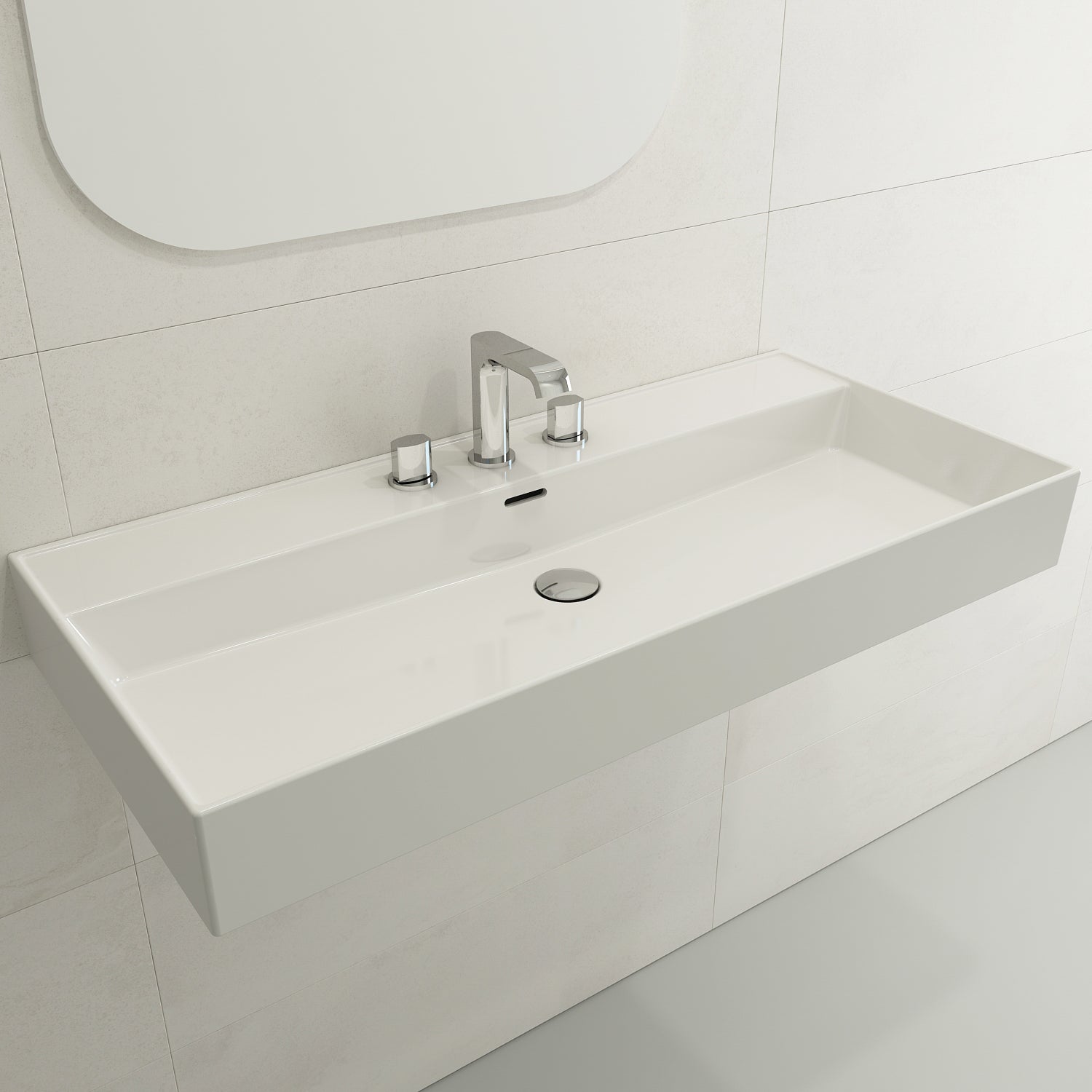 BOCCHI Milano 40" Rectangle Wallmount Fireclay Bathroom Sink, White, 3 Faucet Hole, 1378-001-0127