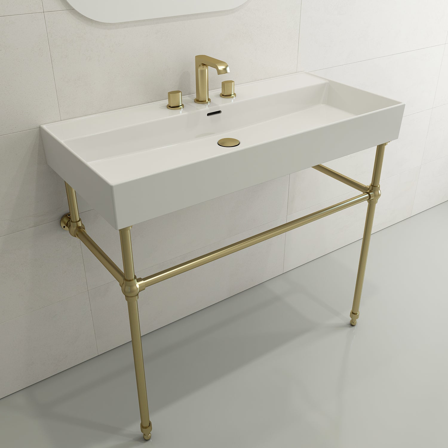 BOCCHI Milano 40" Rectangle Wallmount Fireclay Bathroom Sink, White, 3 Faucet Hole, 1378-001-0127