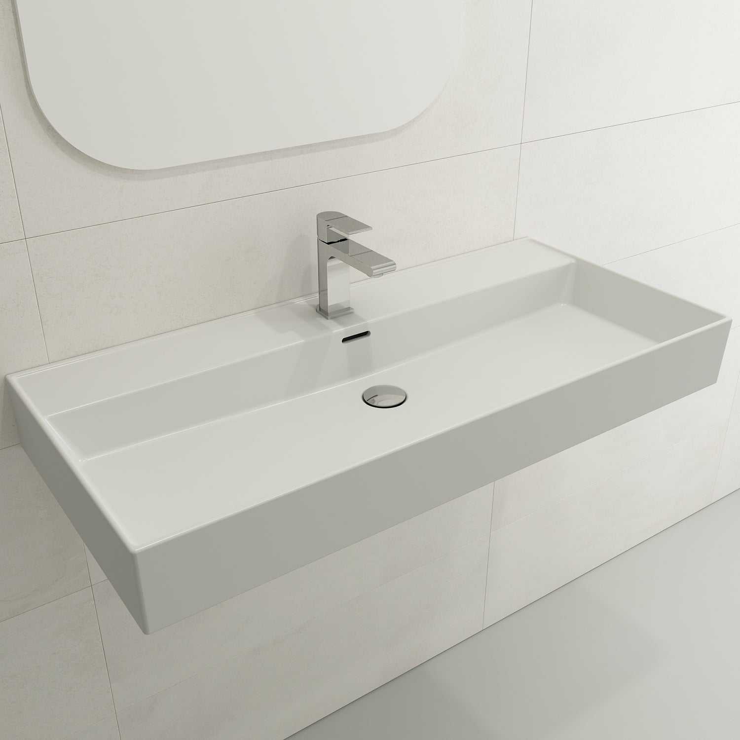 BOCCHI Milano 40" Rectangle Wallmount Fireclay Bathroom Sink, Matte White, Single Faucet Hole, 1378-002-0126
