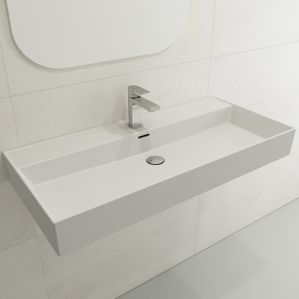 BOCCHI Milano 40" Rectangle Wallmount Fireclay Bathroom Sink, Matte White, Single Faucet Hole, 1378-002-0126