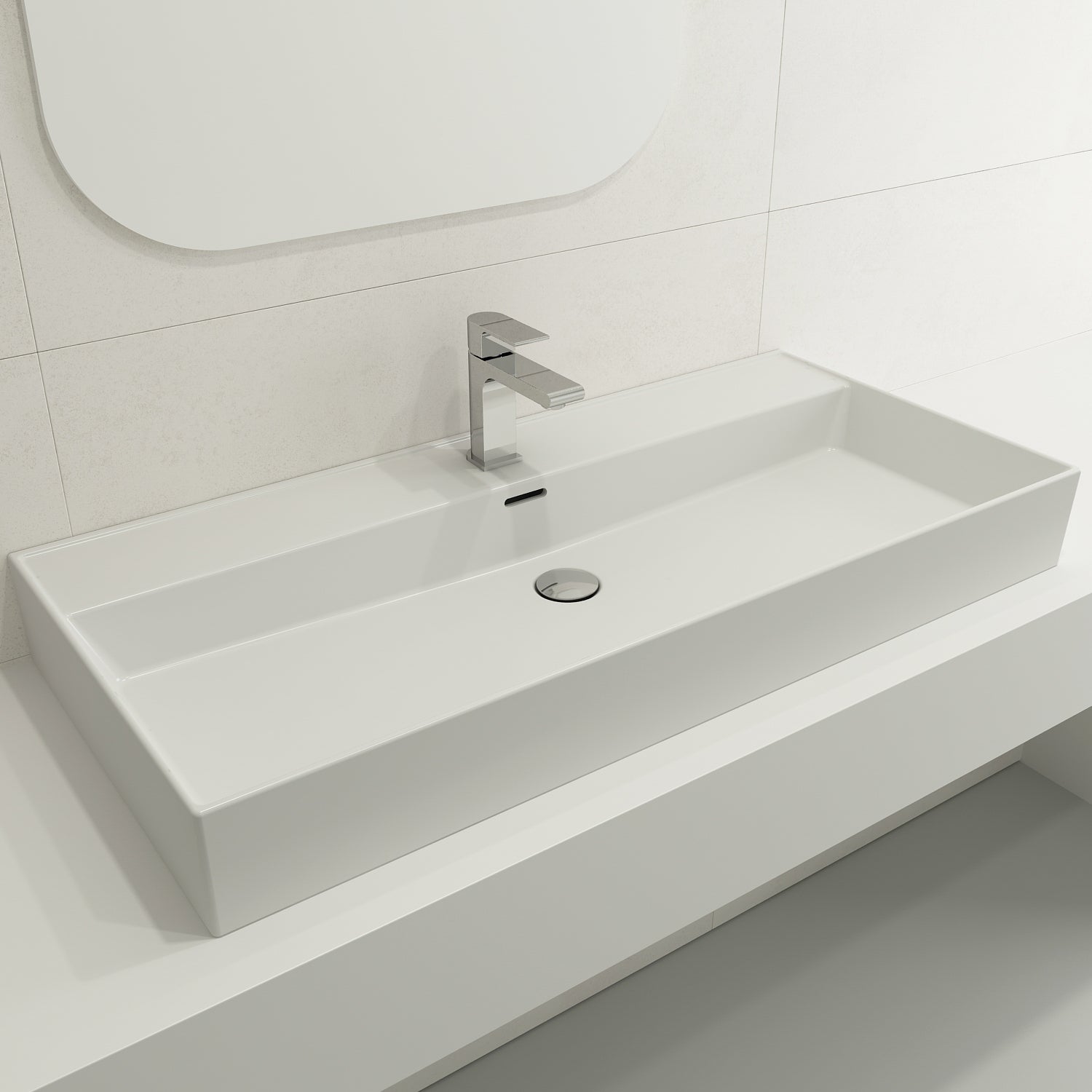 BOCCHI Milano 40" Rectangle Wallmount Fireclay Bathroom Sink, Matte White, Single Faucet Hole, 1378-002-0126