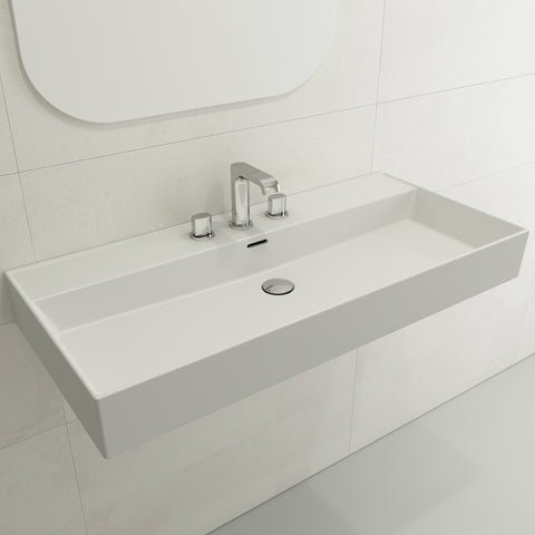 BOCCHI Milano 40" Rectangle Wallmount Fireclay Bathroom Sink, Matte White, 3 Faucet Hole, 1378-002-0127