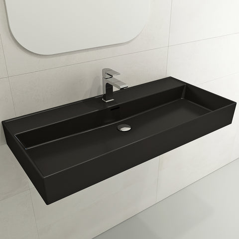 BOCCHI Milano 40" Rectangle Wallmount Fireclay Bathroom Sink, Matte Black, Single Faucet Hole, 1378-004-0126