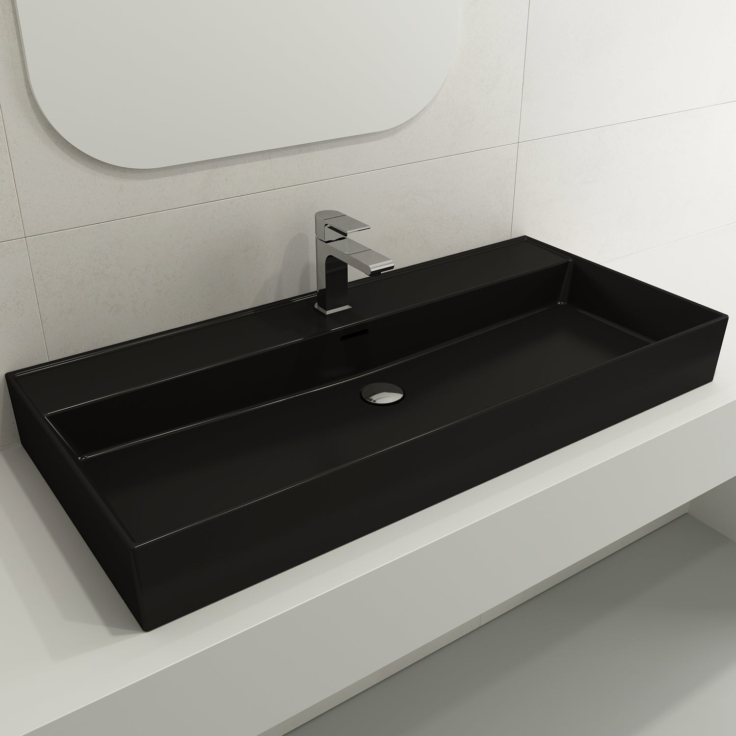 BOCCHI Milano 40" Rectangle Wallmount Fireclay Bathroom Sink, Matte Black, Single Faucet Hole, 1378-004-0126