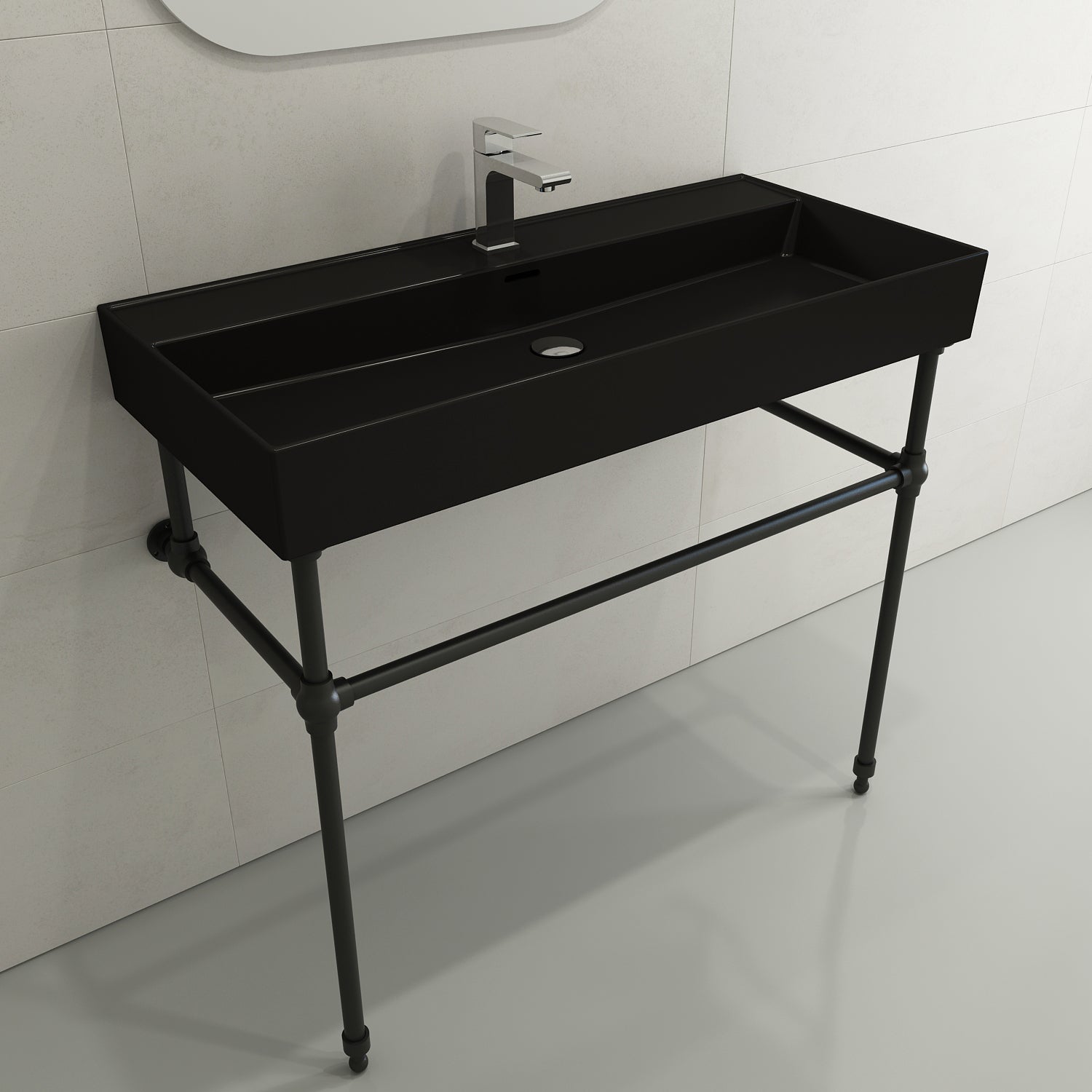 BOCCHI Milano 40" Rectangle Wallmount Fireclay Bathroom Sink, Matte Black, Single Faucet Hole, 1378-004-0126