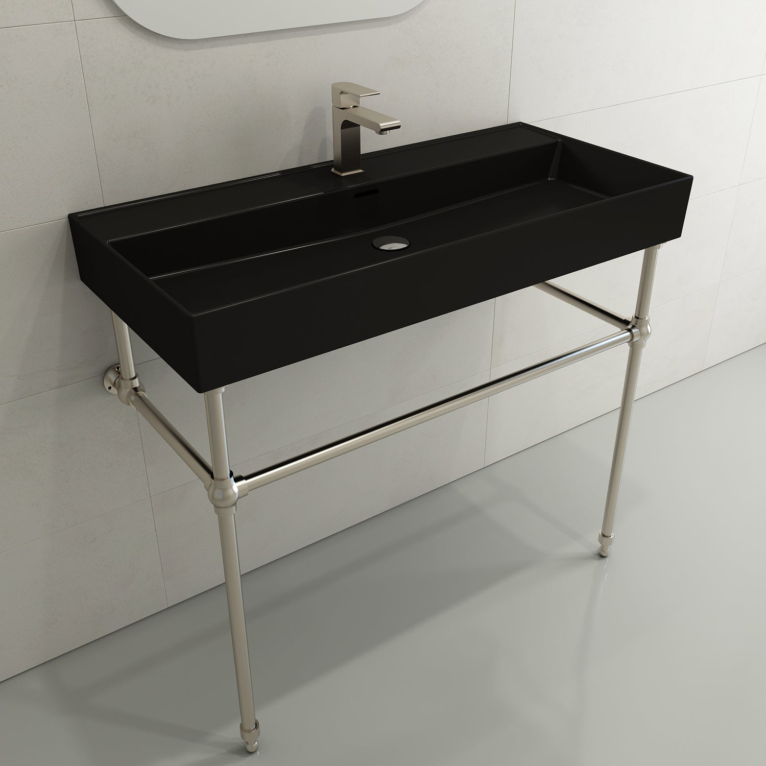 BOCCHI Milano 40" Rectangle Wallmount Fireclay Bathroom Sink, Matte Black, Single Faucet Hole, 1378-004-0126