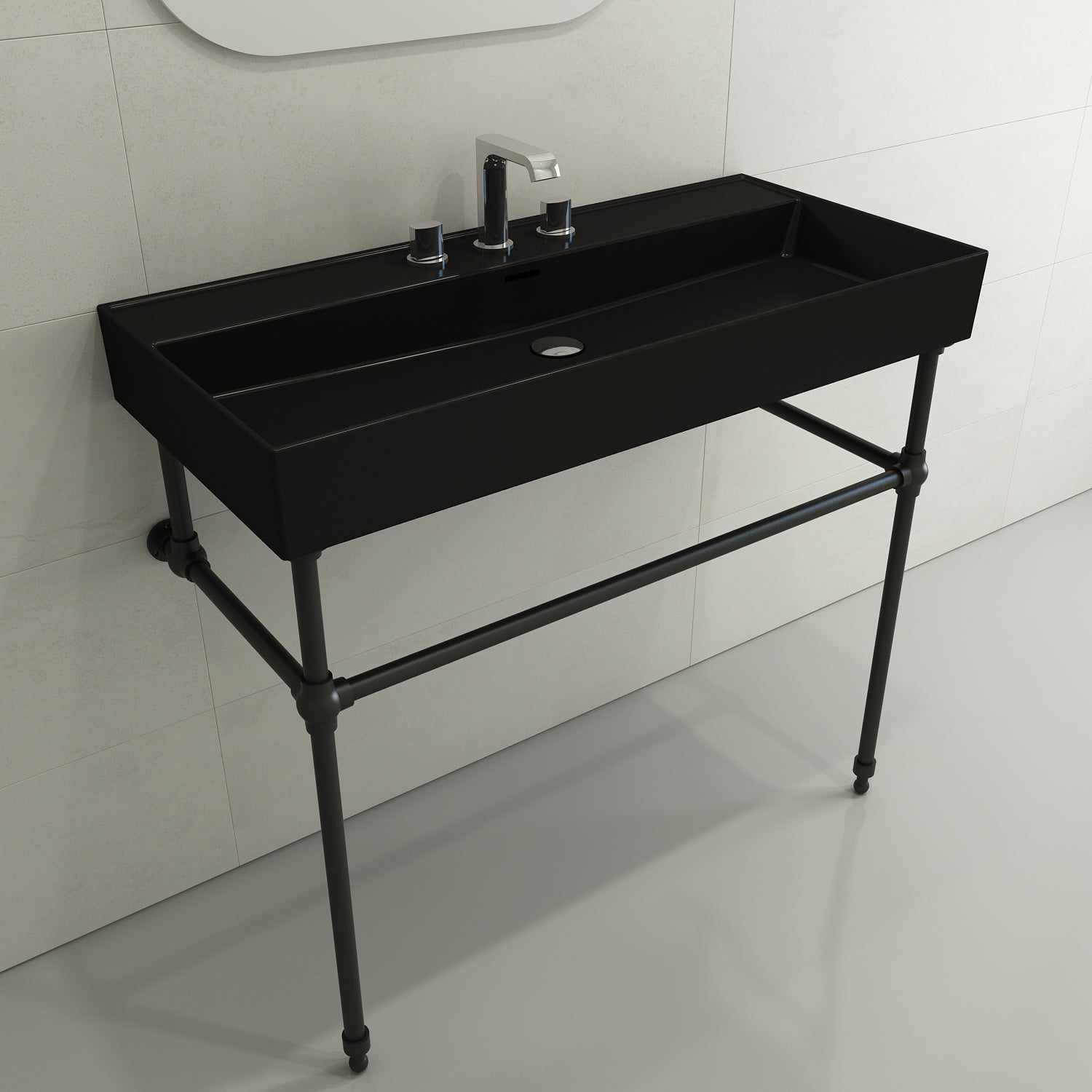 BOCCHI Milano 40" Rectangle Wallmount Fireclay Bathroom Sink, Matte Black, 3 Faucet Hole, 1378-004-0127