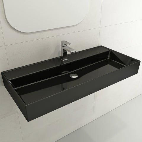 BOCCHI Milano 40" Rectangle Wallmount Fireclay Bathroom Sink, Black, Single Faucet Hole, 1378-005-0126