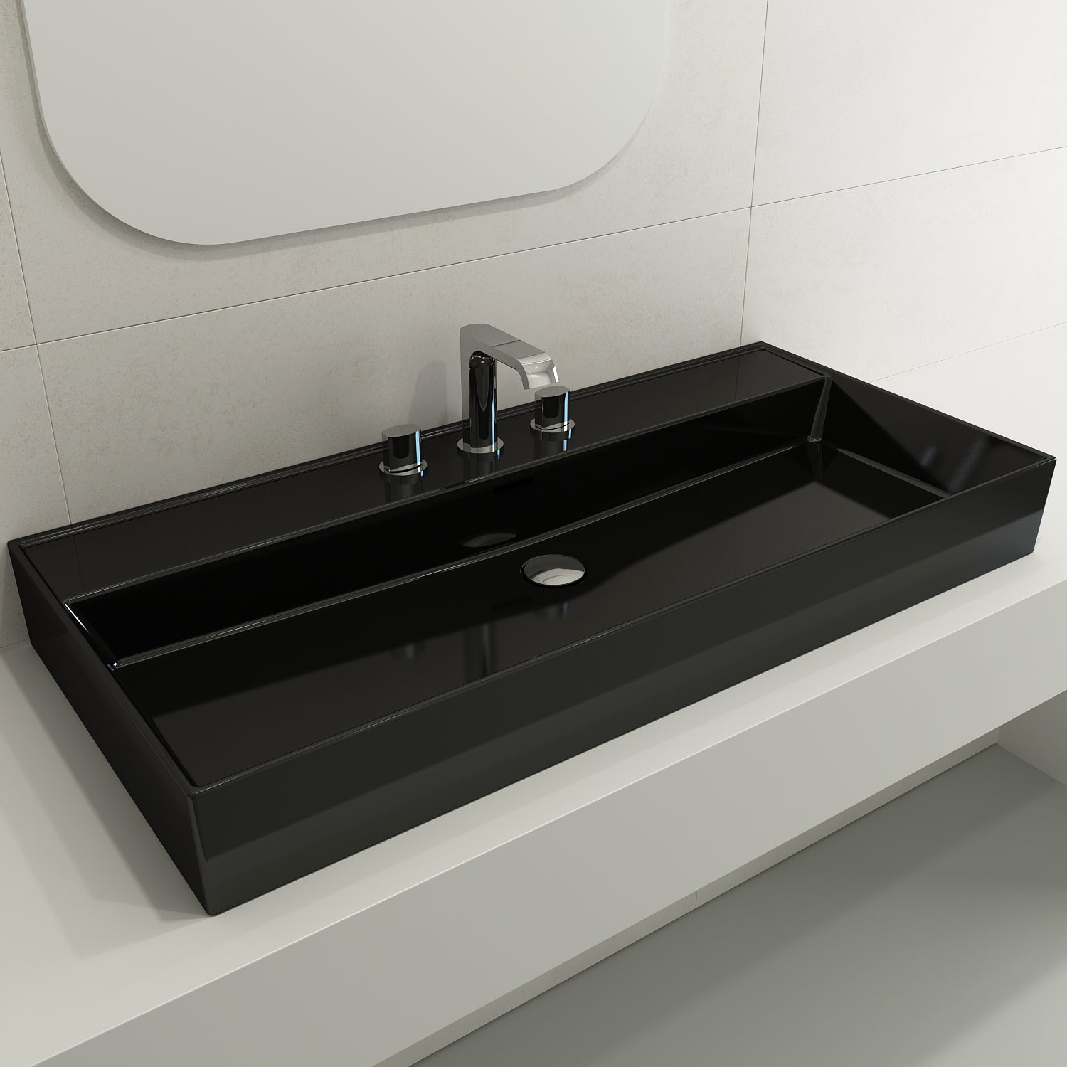 BOCCHI Milano 40" Rectangle Wallmount Fireclay Bathroom Sink, Black, 3 Faucet Hole, 1378-005-0127