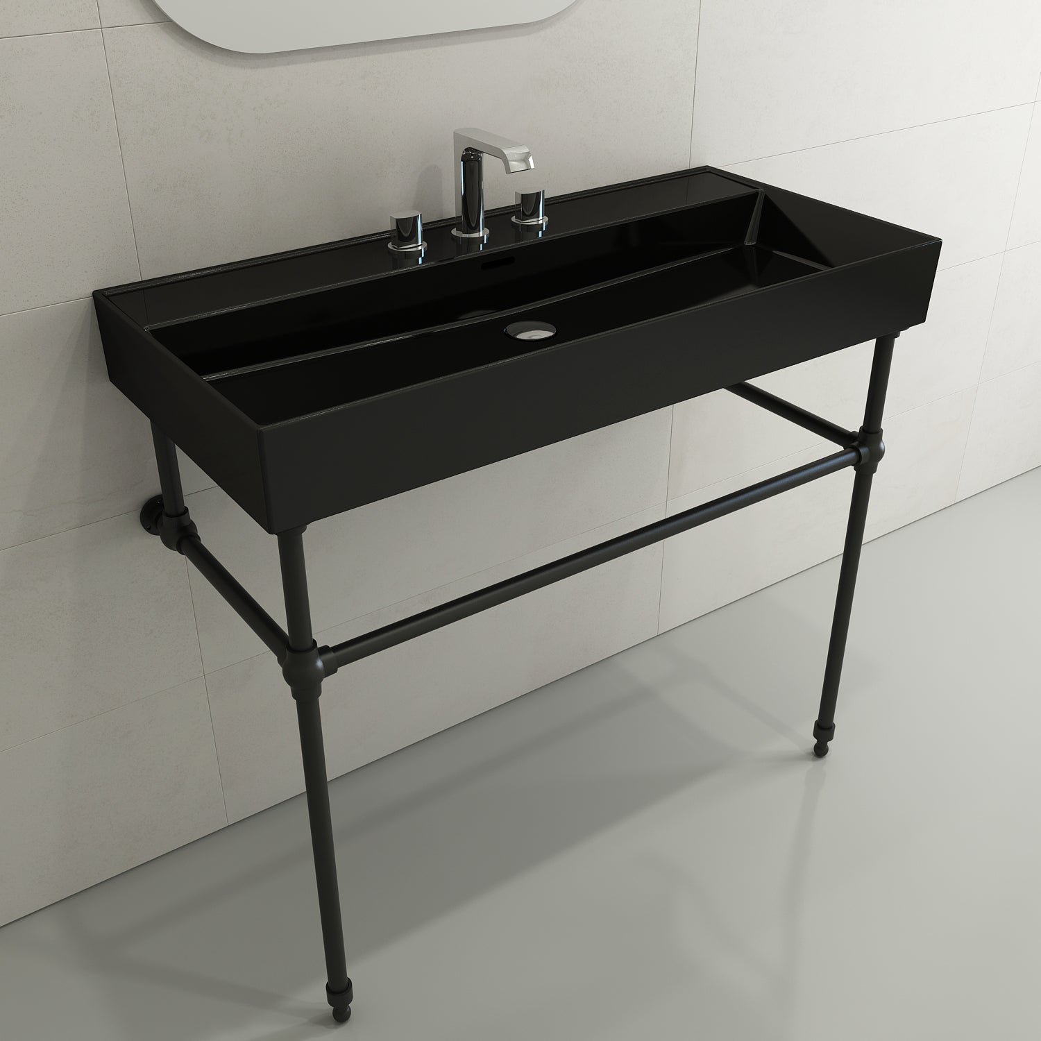 BOCCHI Milano 40" Rectangle Wallmount Fireclay Bathroom Sink, Black, 3 Faucet Hole, 1378-005-0127