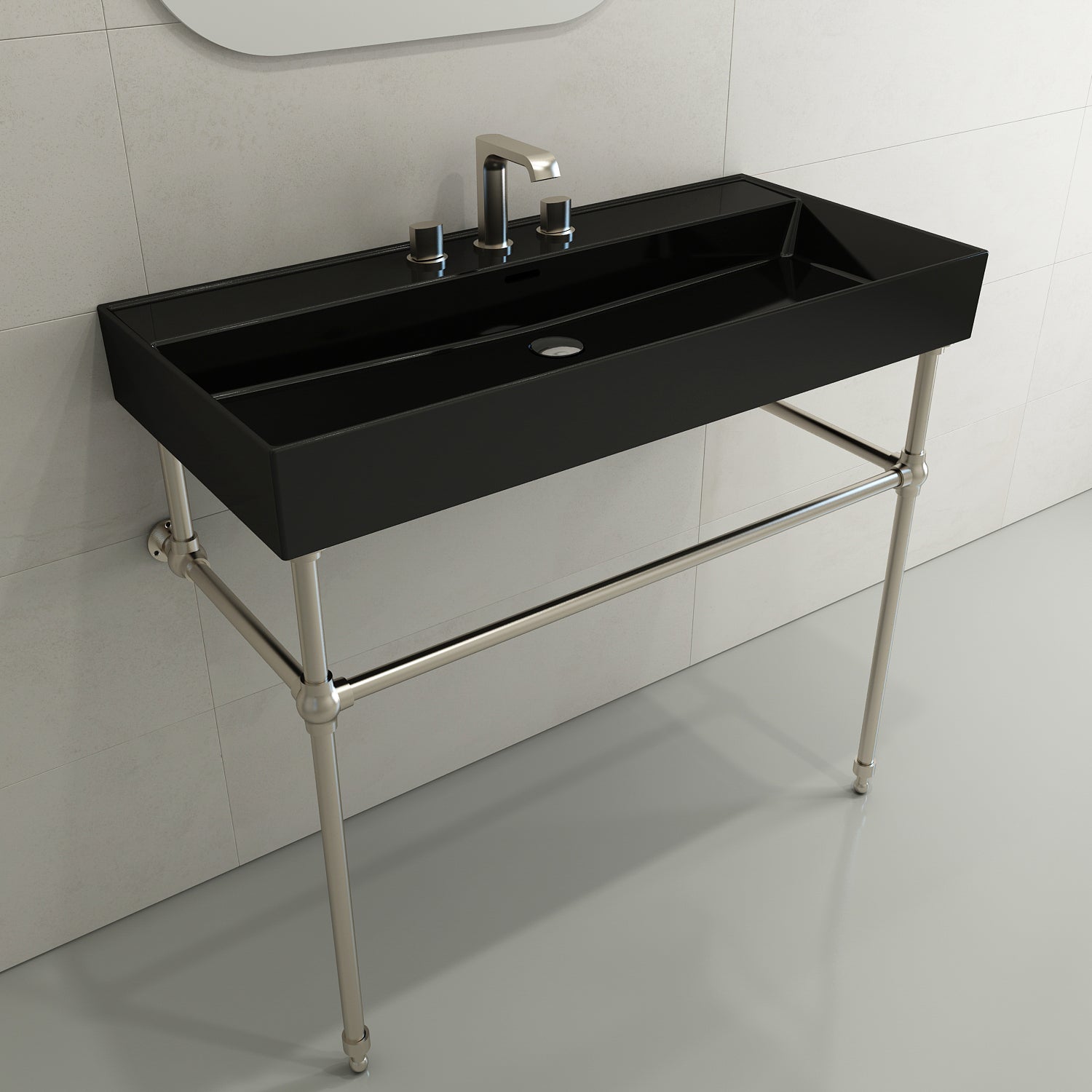 BOCCHI Milano 40" Rectangle Wallmount Fireclay Bathroom Sink, Black, 3 Faucet Hole, 1378-005-0127