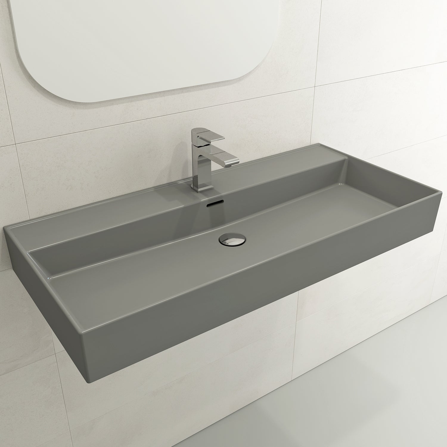 BOCCHI Milano 40" Rectangle Wallmount Fireclay Bathroom Sink, Matte Gray, Single Faucet Hole, 1378-006-0126