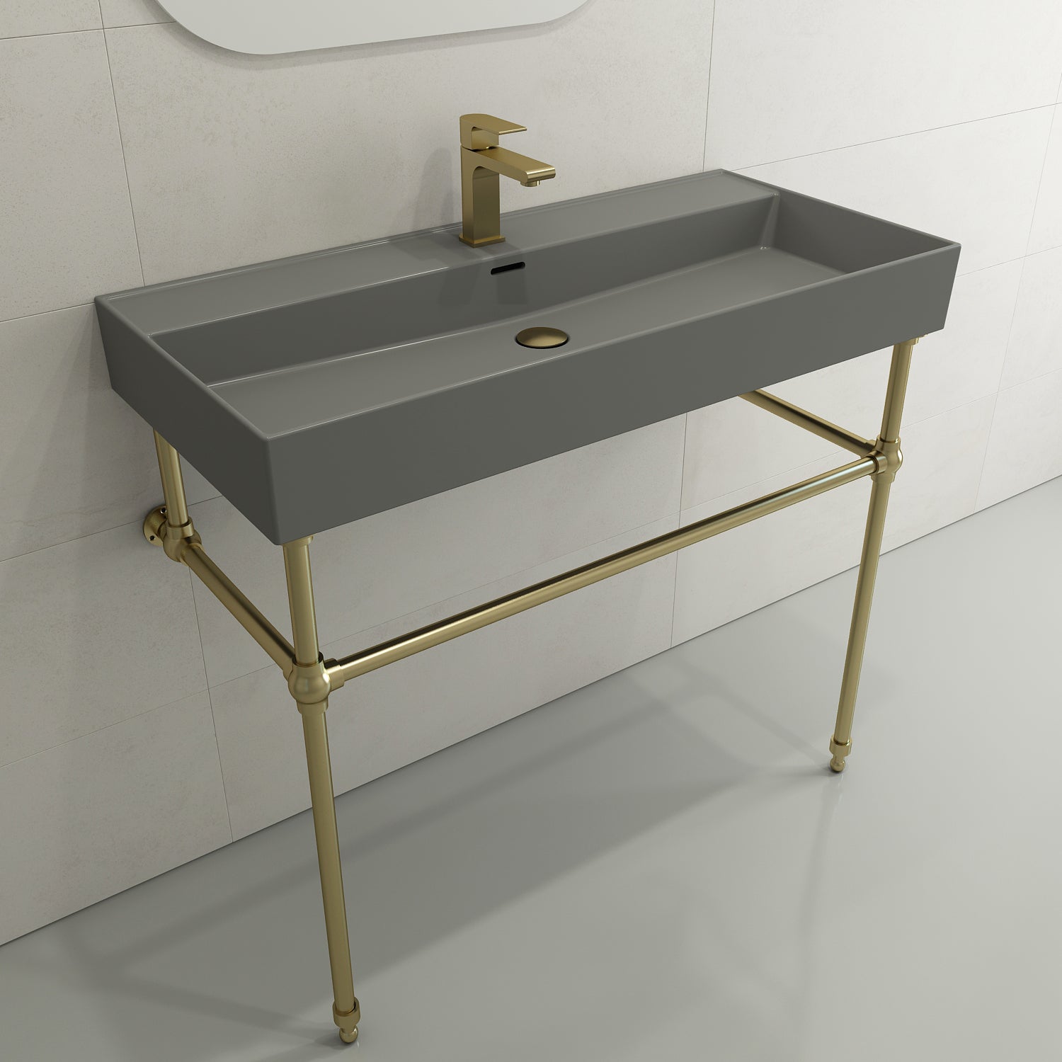 BOCCHI Milano 40" Rectangle Wallmount Fireclay Bathroom Sink, Matte Gray, Single Faucet Hole, 1378-006-0126