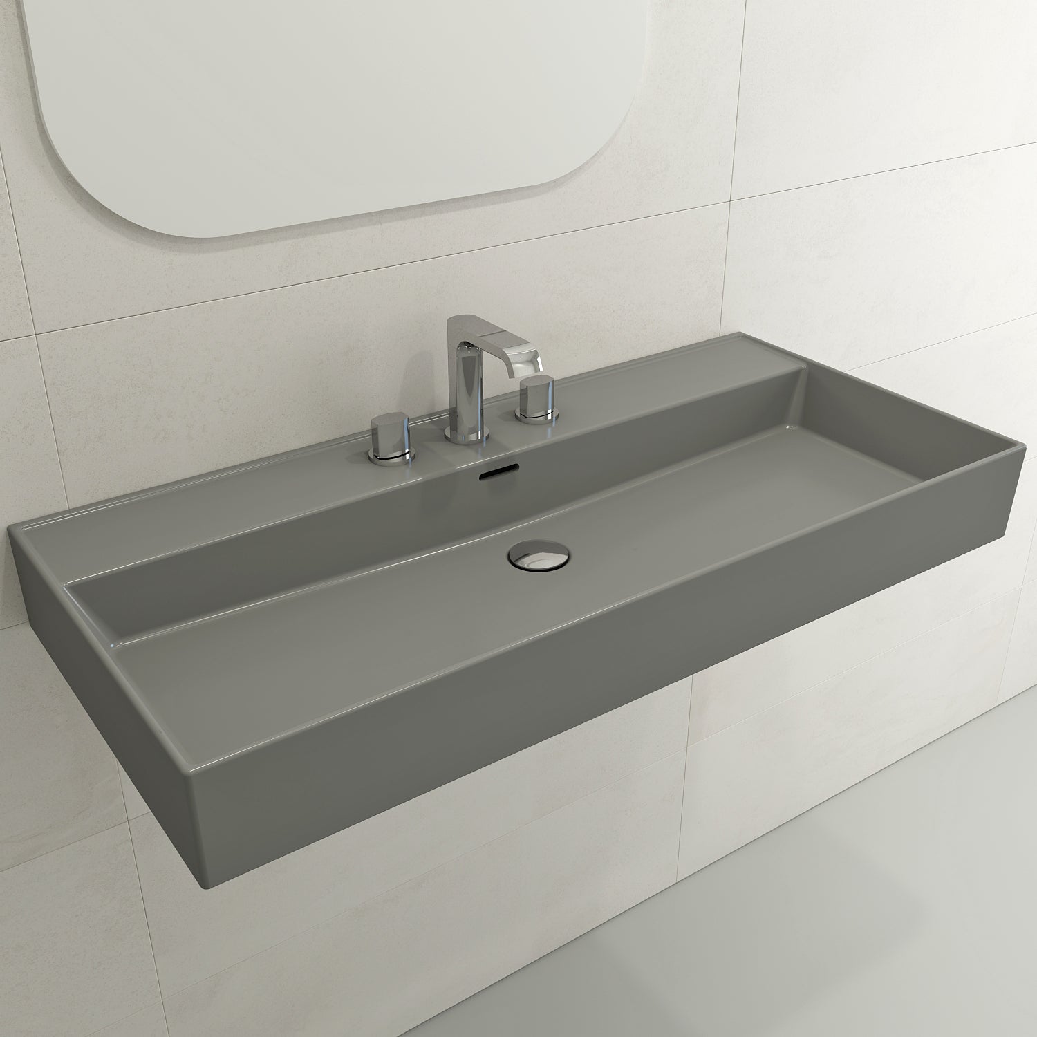 BOCCHI Milano 40" Rectangle Wallmount Fireclay Bathroom Sink, Matte Gray, 3 Faucet Hole, 1378-006-0127