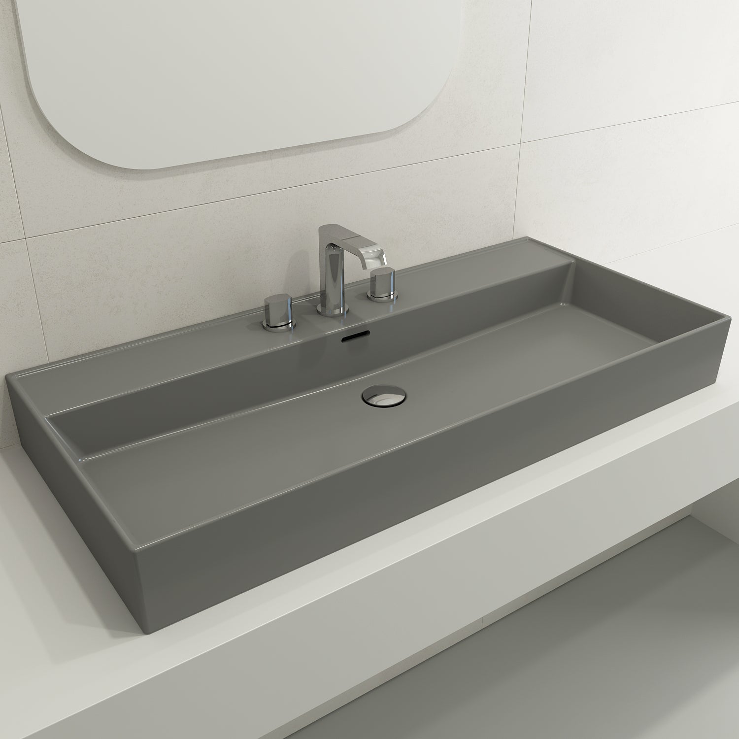 BOCCHI Milano 40" Rectangle Wallmount Fireclay Bathroom Sink, Matte Gray, 3 Faucet Hole, 1378-006-0127