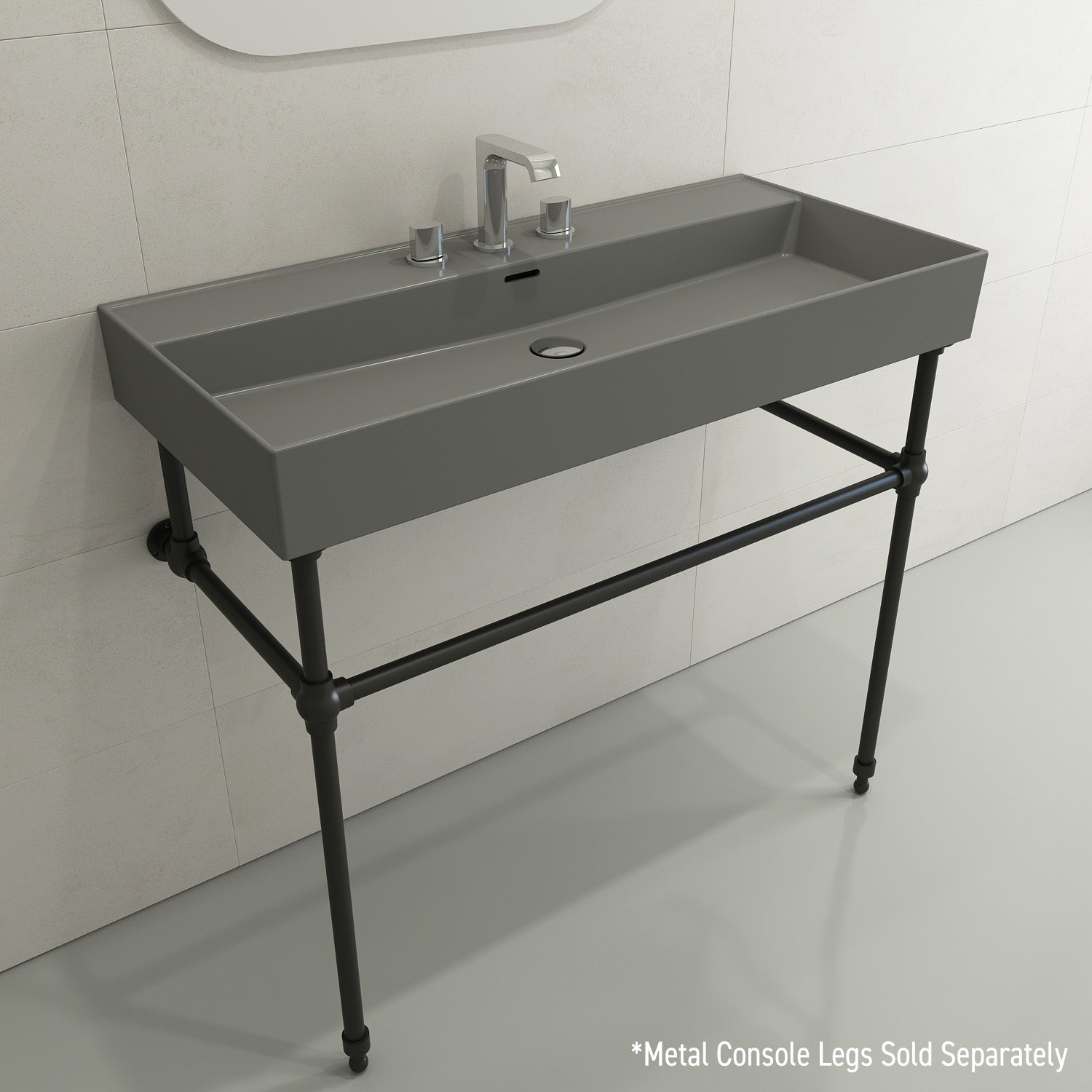 BOCCHI Milano 40" Rectangle Wallmount Fireclay Bathroom Sink, Matte Gray, 3 Faucet Hole, 1378-006-0127