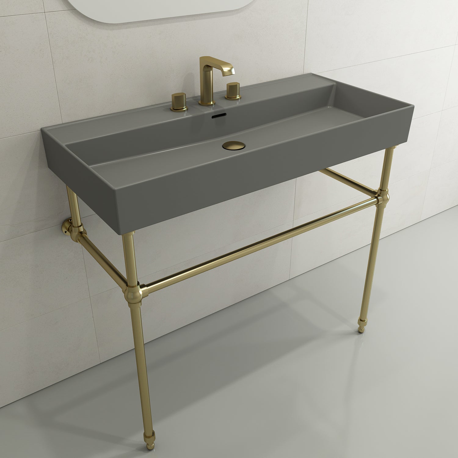 BOCCHI Milano 40" Rectangle Wallmount Fireclay Bathroom Sink, Matte Gray, 3 Faucet Hole, 1378-006-0127