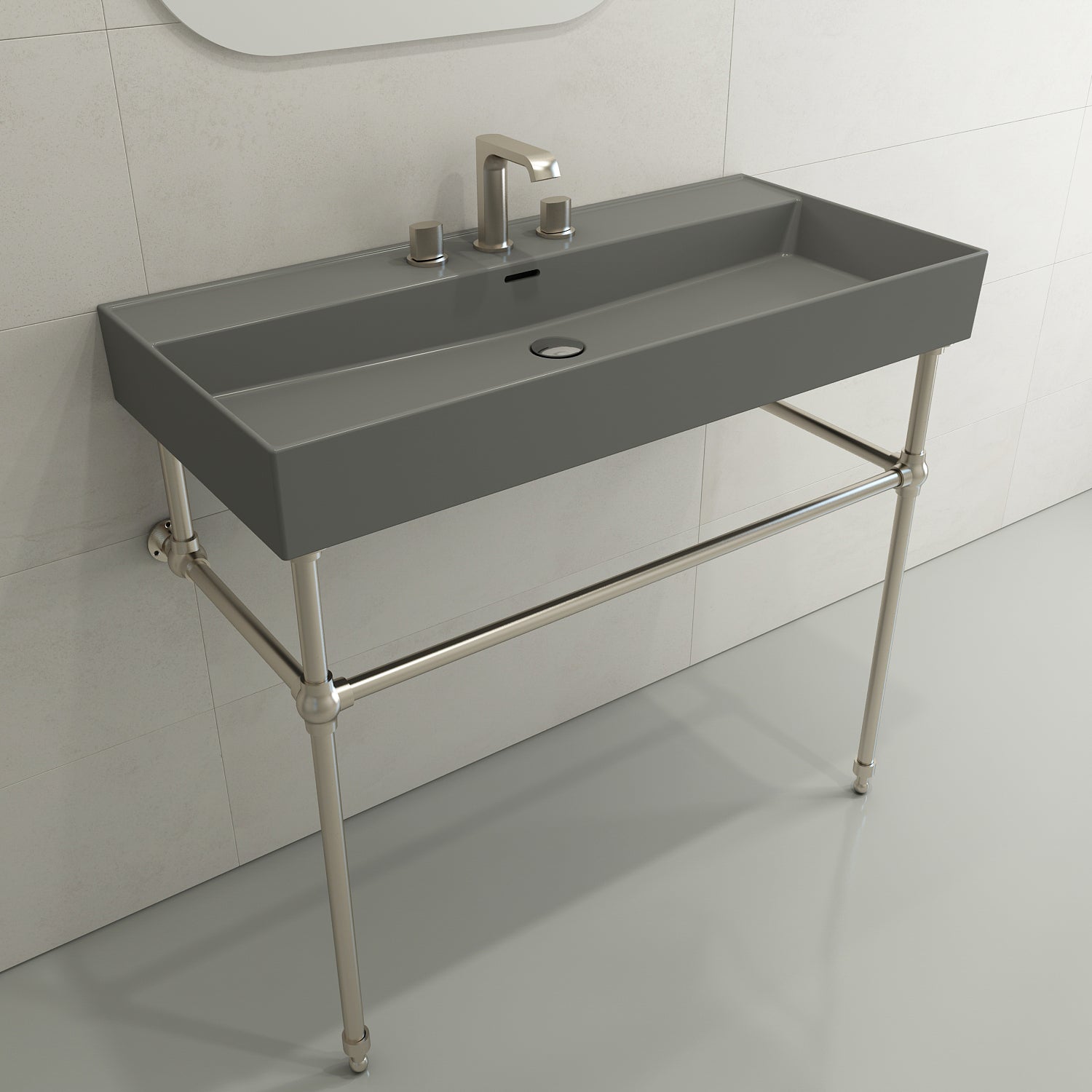 BOCCHI Milano 40" Rectangle Wallmount Fireclay Bathroom Sink, Matte Gray, 3 Faucet Hole, 1378-006-0127