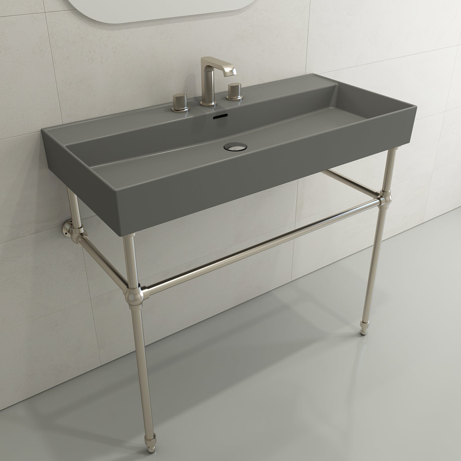 BOCCHI Milano 40" Rectangle Wallmount Fireclay Bathroom Sink, Matte Gray, 3 Faucet Hole, 1378-006-0127