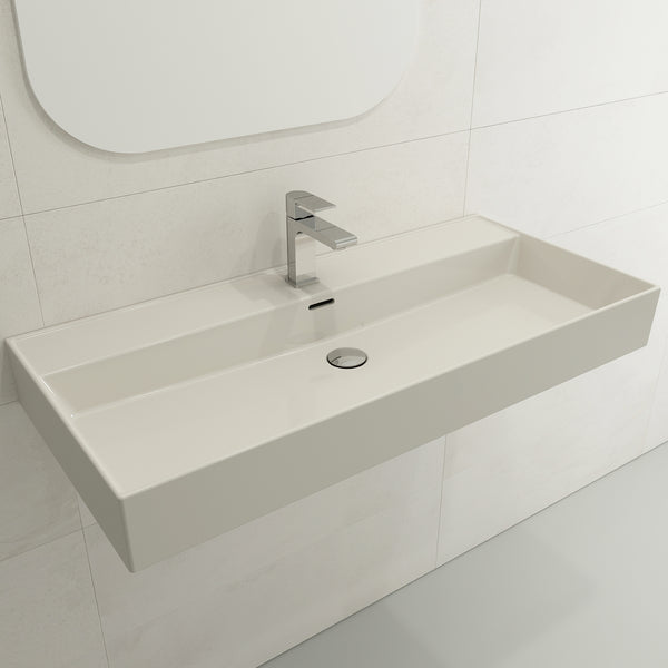 BOCCHI Milano 40" Rectangle Wallmount Fireclay Bathroom Sink, Biscuit, Single Faucet Hole, 1378-014-0126