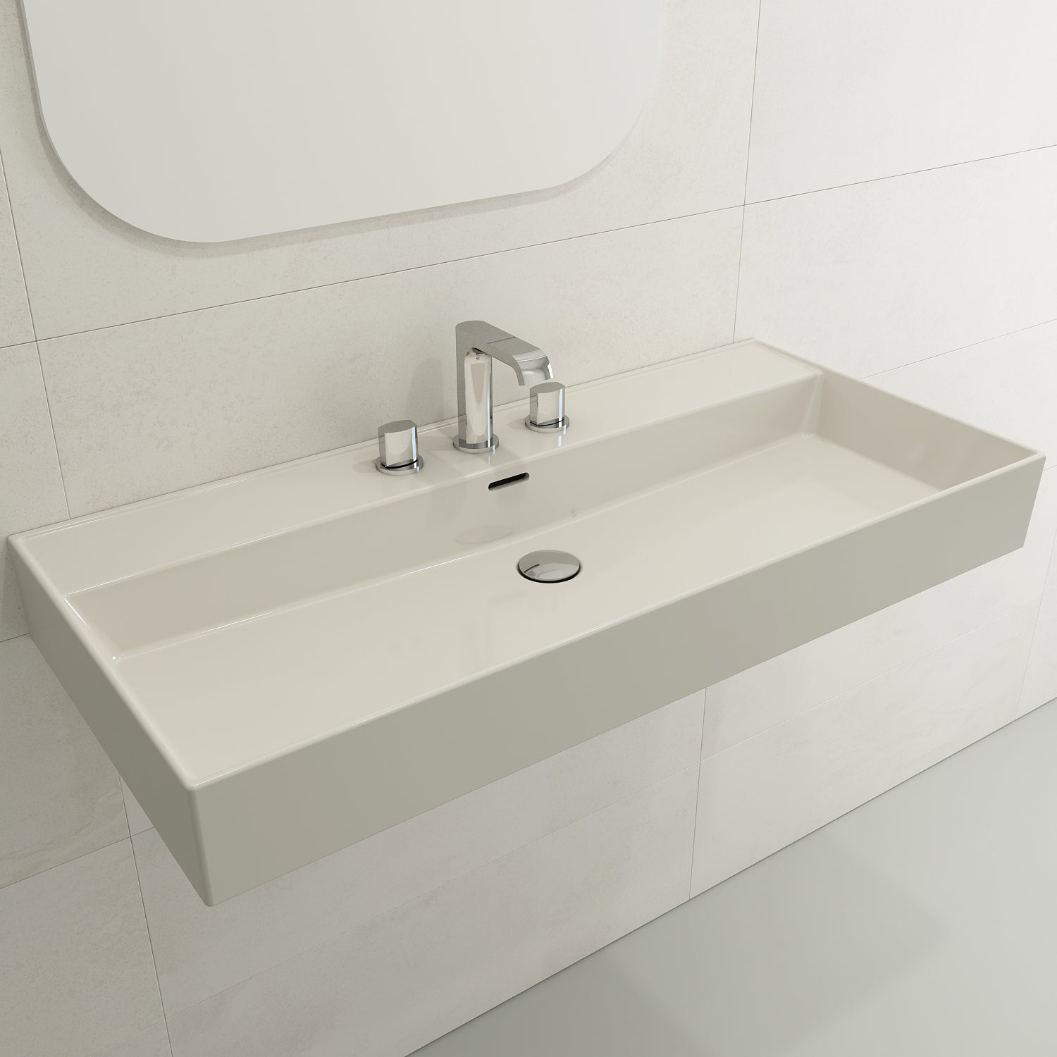 BOCCHI Milano 40" Rectangle Wallmount Fireclay Bathroom Sink, Biscuit, 3 Faucet Hole, 1378-014-0127