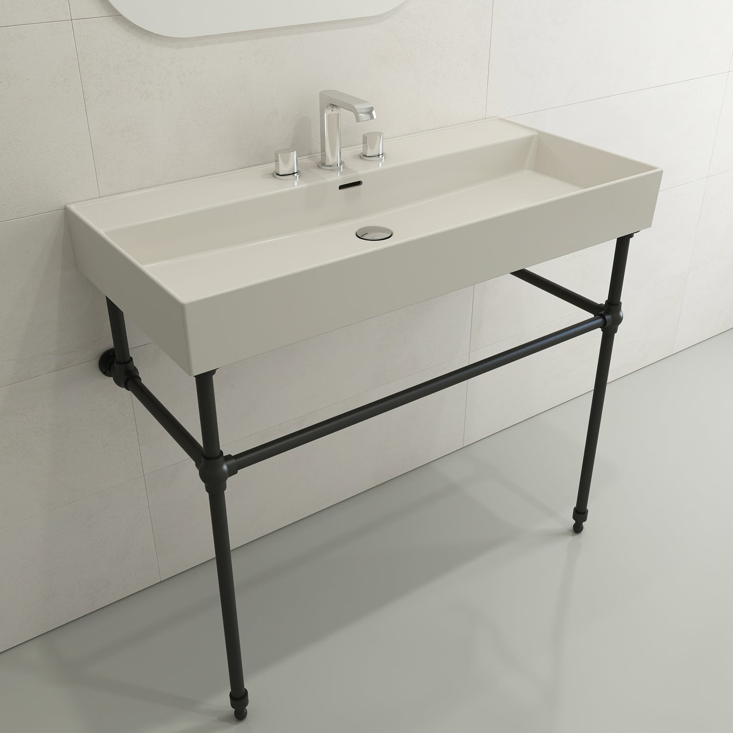 BOCCHI Milano 40" Rectangle Wallmount Fireclay Bathroom Sink, Biscuit, 3 Faucet Hole, 1378-014-0127