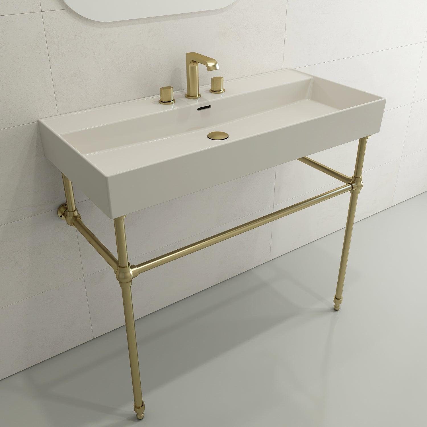 BOCCHI Milano 40" Rectangle Wallmount Fireclay Bathroom Sink, Biscuit, 3 Faucet Hole, 1378-014-0127