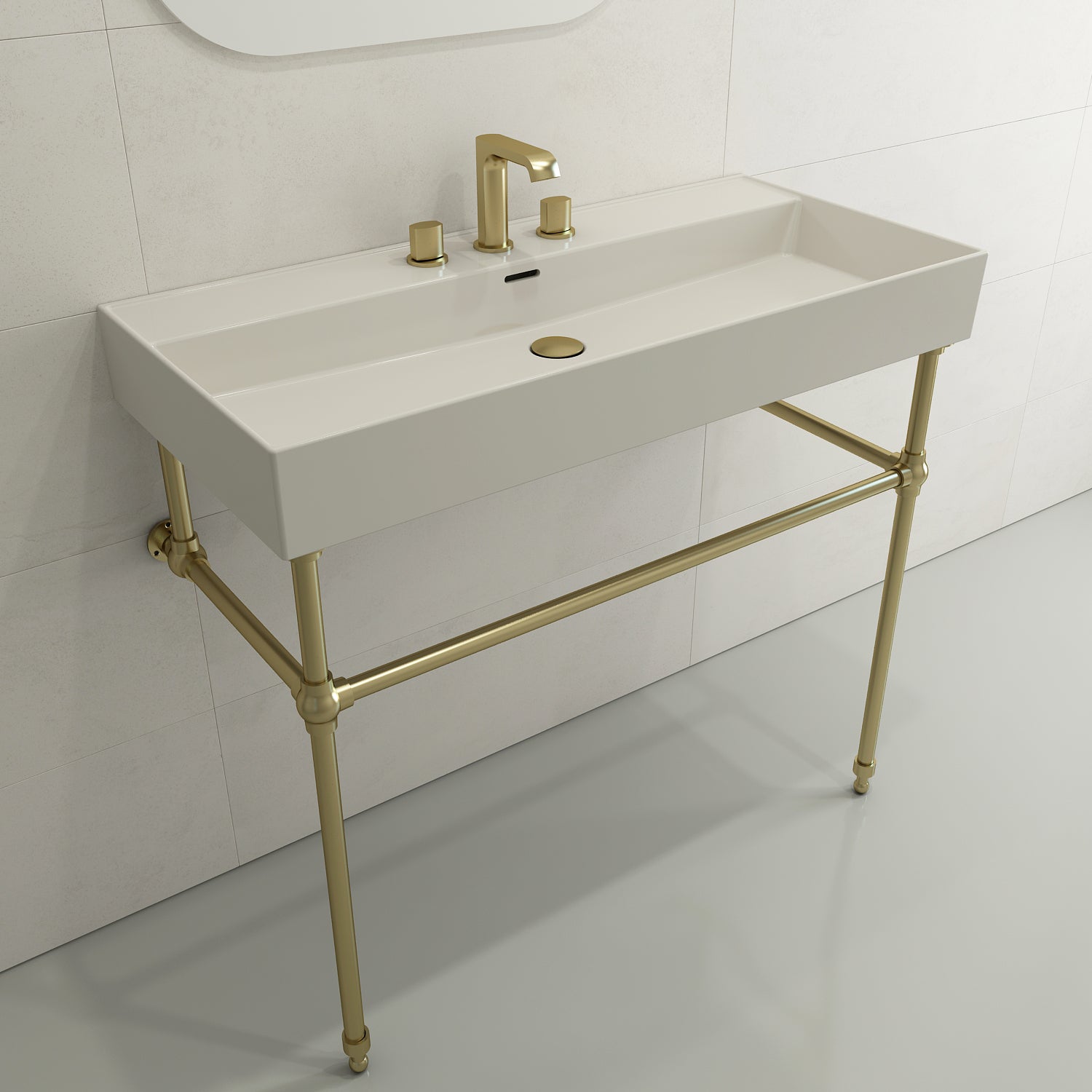 BOCCHI Milano 40" Rectangle Wallmount Fireclay Bathroom Sink, Biscuit, 3 Faucet Hole, 1378-014-0127