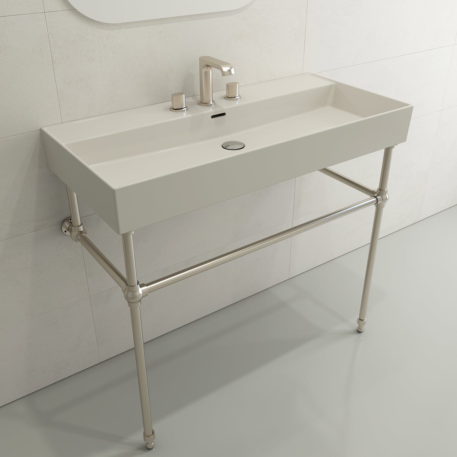 BOCCHI Milano 40" Rectangle Wallmount Fireclay Bathroom Sink, Biscuit, 3 Faucet Hole, 1378-014-0127