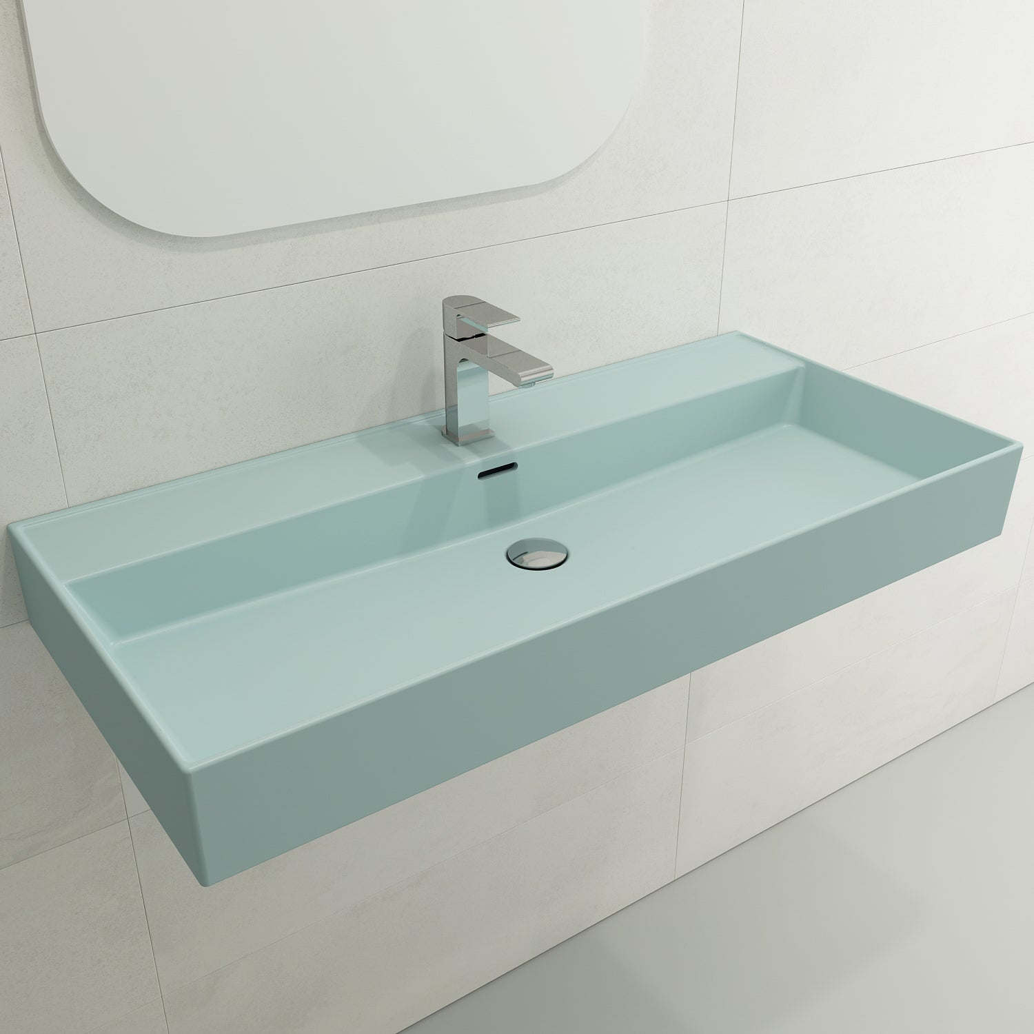 BOCCHI Milano 40" Rectangle Wallmount Fireclay Bathroom Sink, Matte Ice Blue, Single Faucet Hole, 1378-029-0126