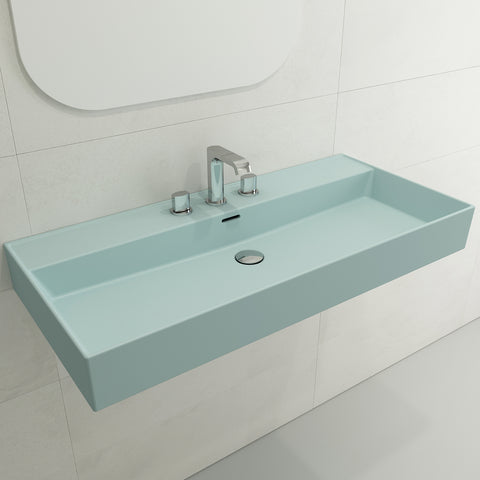 BOCCHI Milano 40" Rectangle Wallmount Fireclay Bathroom Sink, Matte Ice Blue, 3 Faucet Hole, 1378-029-0127