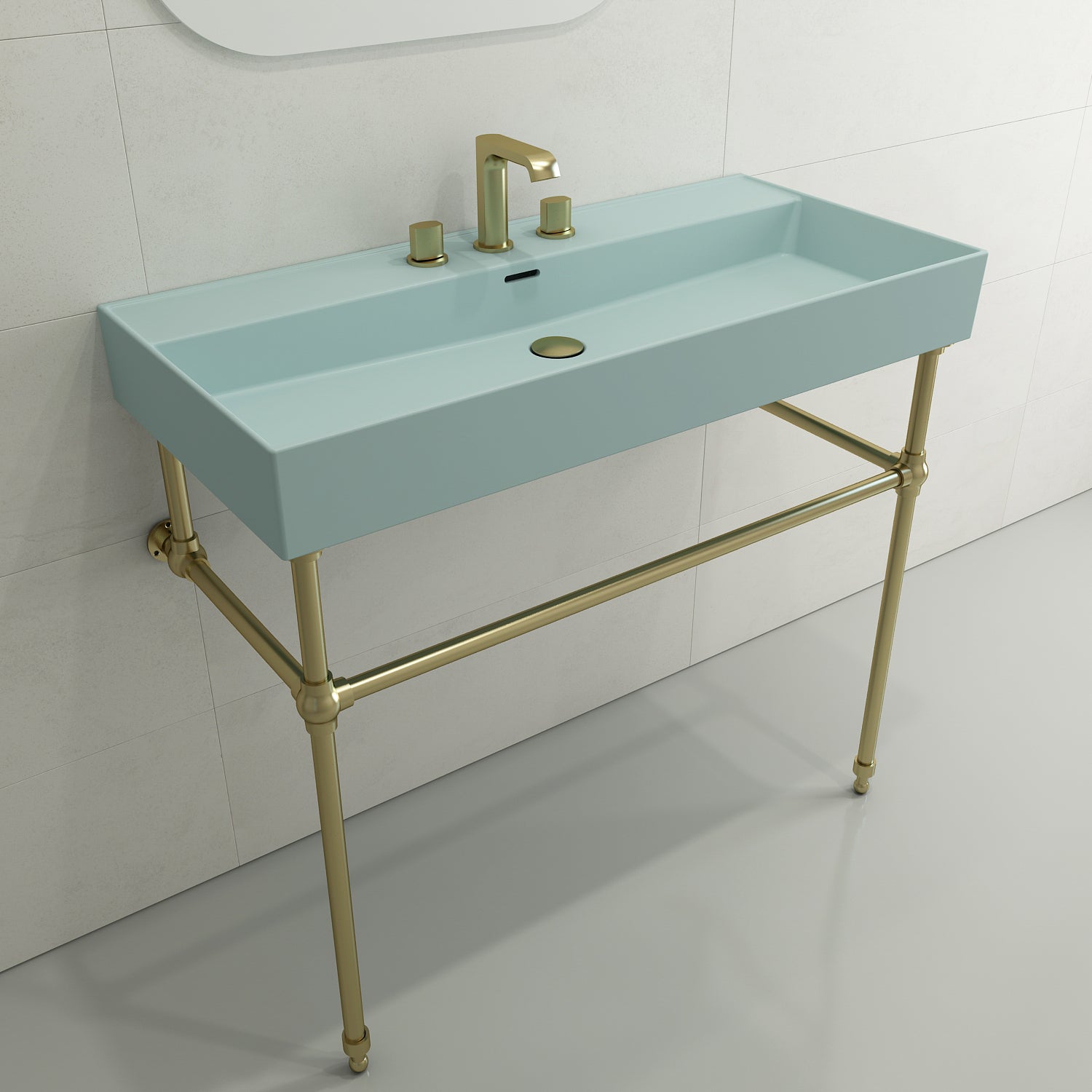 BOCCHI Milano 40" Rectangle Wallmount Fireclay Bathroom Sink, Matte Ice Blue, 3 Faucet Hole, 1378-029-0127