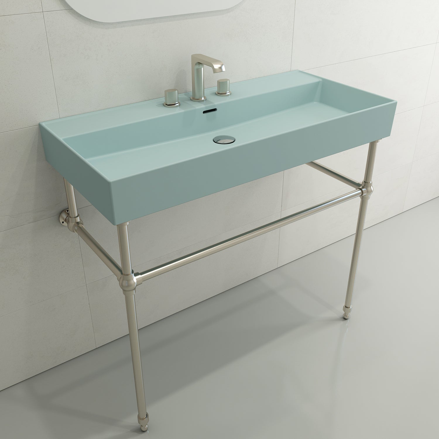 BOCCHI Milano 40" Rectangle Wallmount Fireclay Bathroom Sink, Matte Ice Blue, 3 Faucet Hole, 1378-029-0127