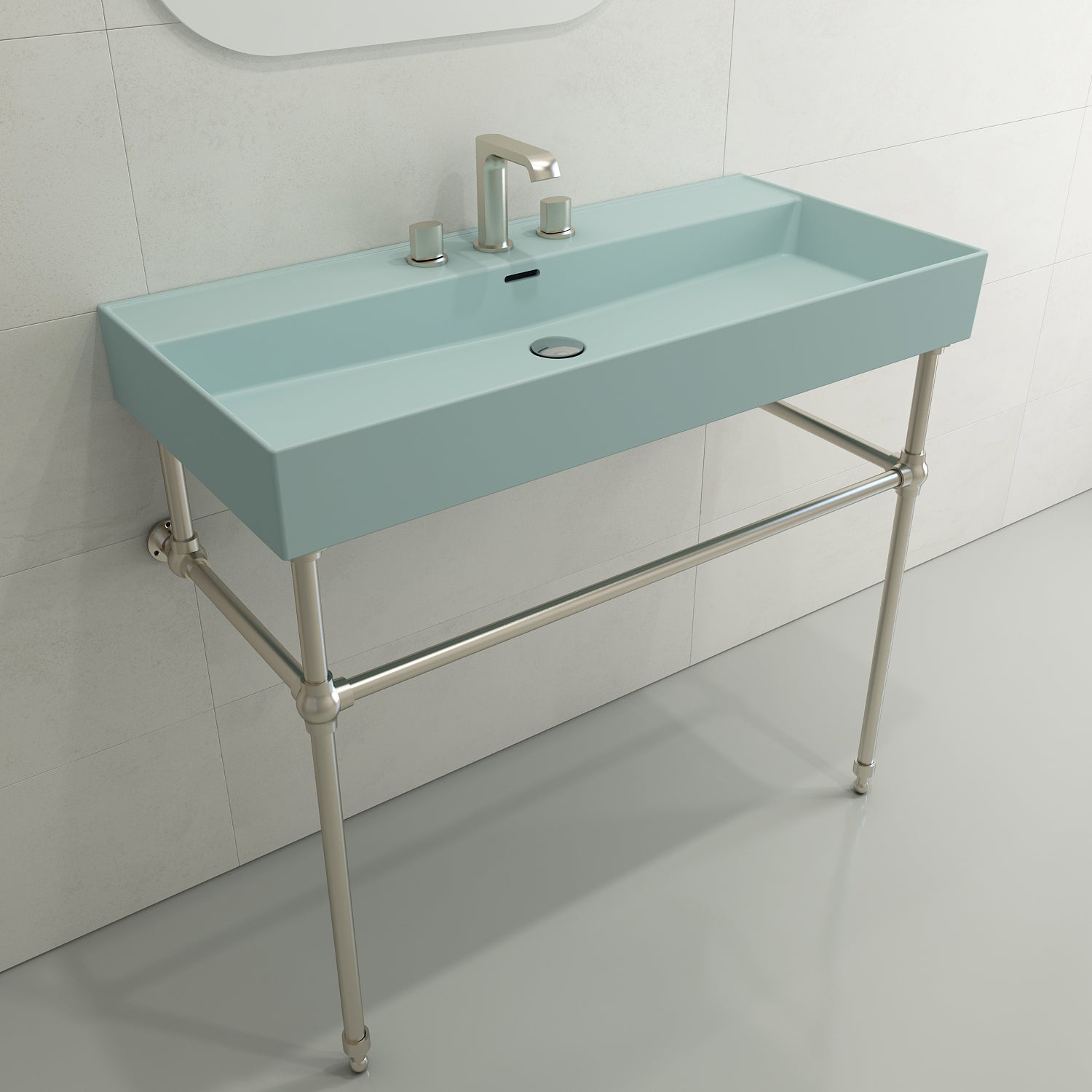 BOCCHI Milano 40" Rectangle Wallmount Fireclay Bathroom Sink, Matte Ice Blue, 3 Faucet Hole, 1378-029-0127