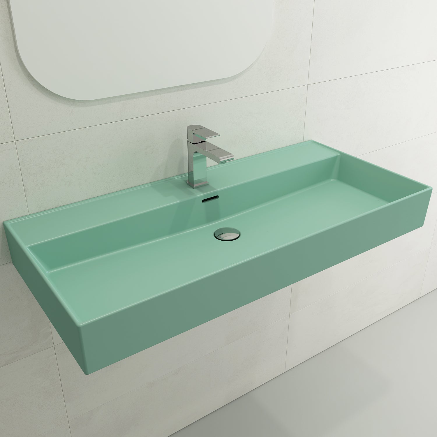 BOCCHI Milano 40" Rectangle Wallmount Fireclay Bathroom Sink, Matte Mint Green, Single Faucet Hole, 1378-033-0126