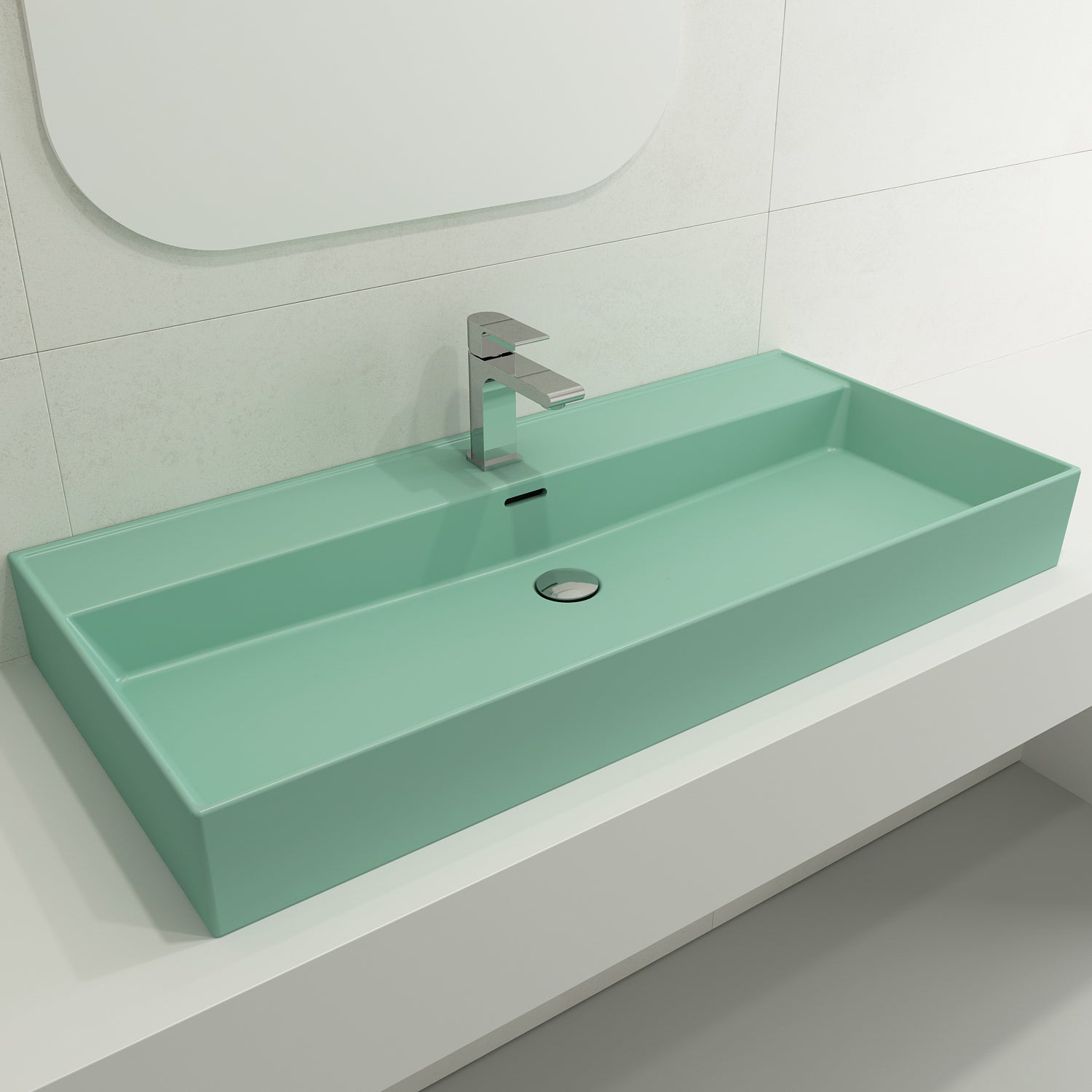 BOCCHI Milano 40" Rectangle Wallmount Fireclay Bathroom Sink, Matte Mint Green, Single Faucet Hole, 1378-033-0126